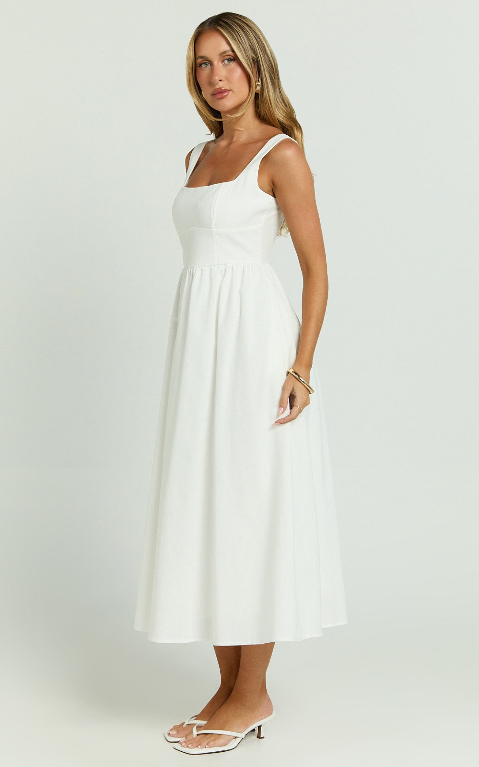 Khari Midi Dress - Linen Look Square A Line Dress in White - View 5