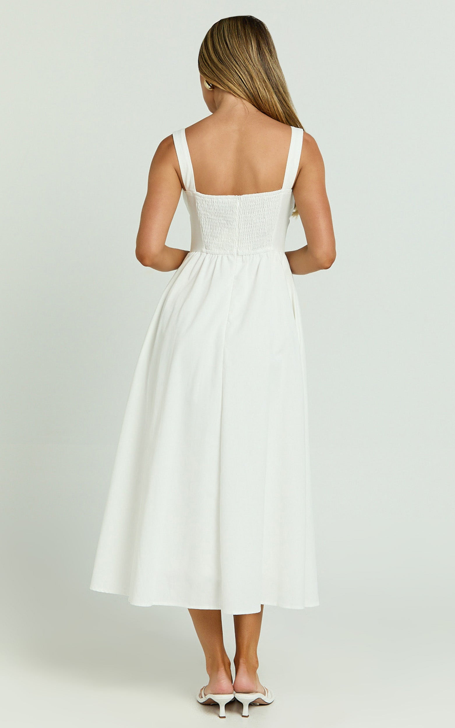 Khari Midi Dress - Linen Look Square A Line Dress in White - View 8
