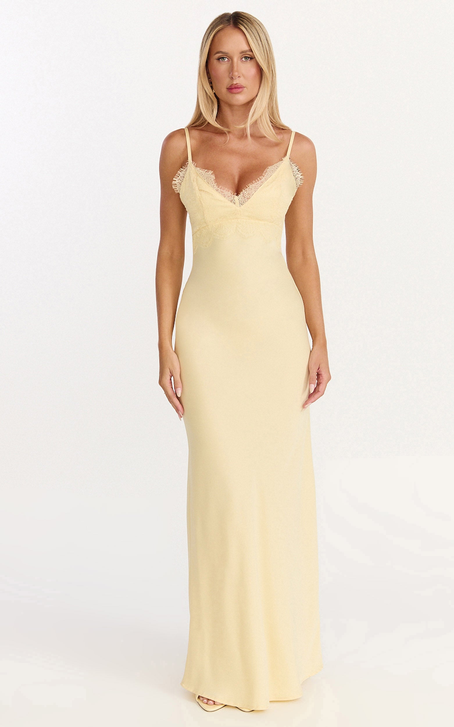 Kyra Maxi Dress - Lace Bust And Tie Back Satin Dress in Lemon - View 2