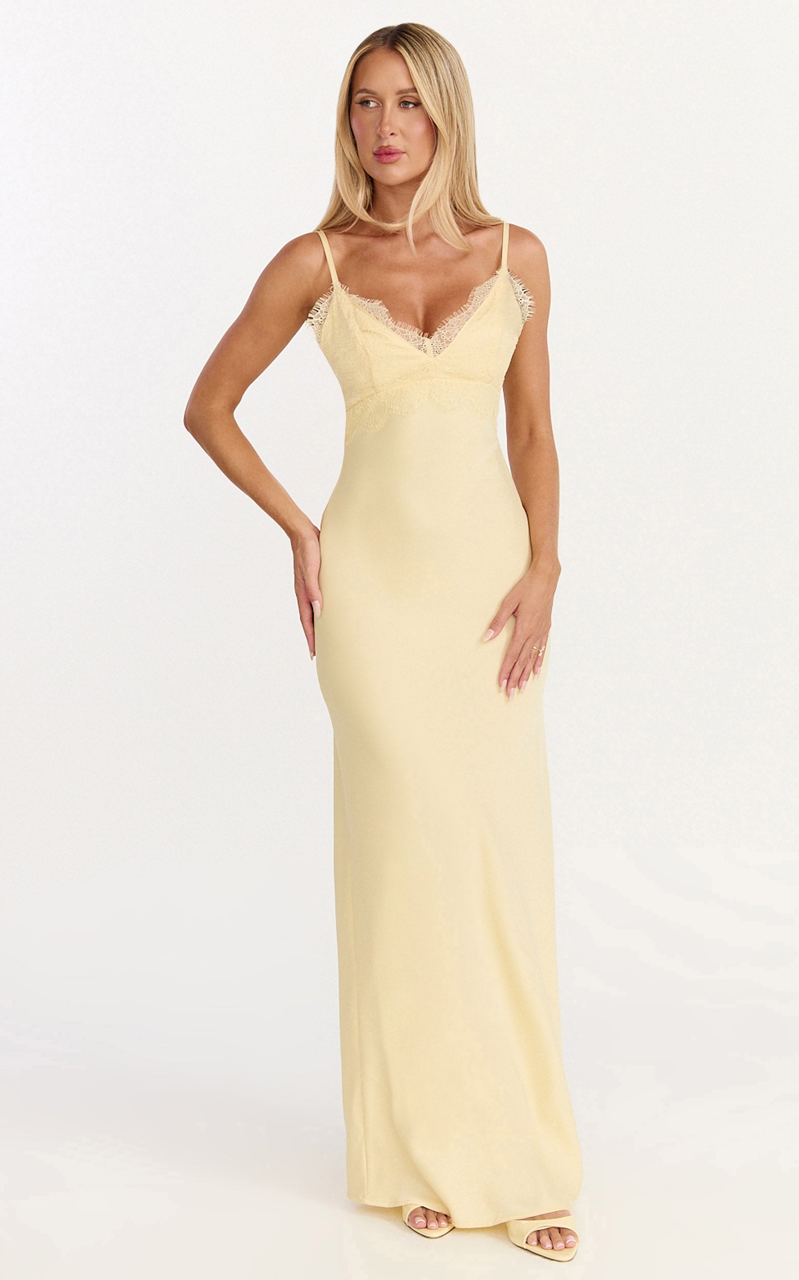Kyra Maxi Dress - Lace Bust And Tie Back Satin Dress in Lemon - View 3