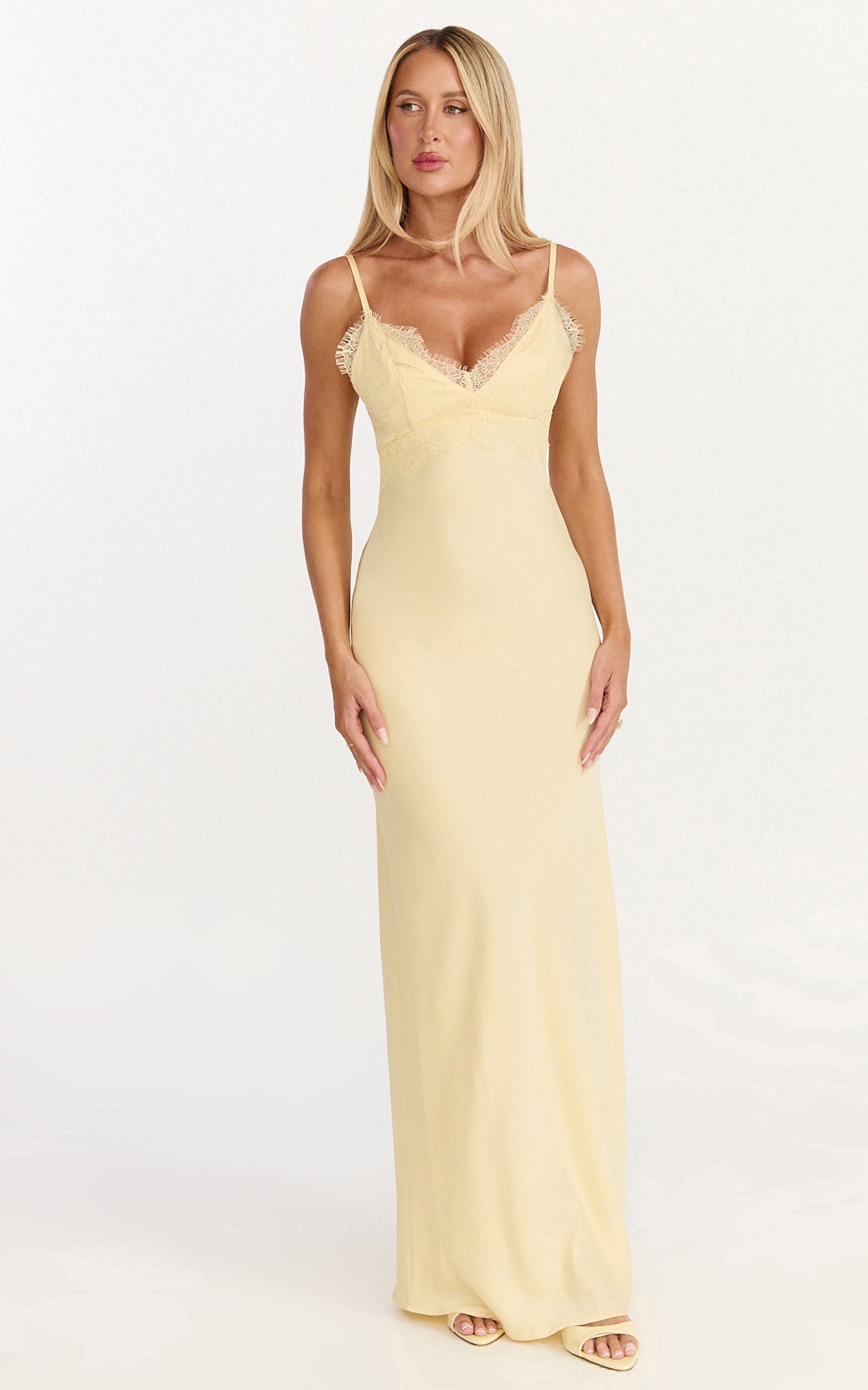 Kyra Maxi Dress - Lace Bust And Tie Back Satin Dress in Lemon - View 4