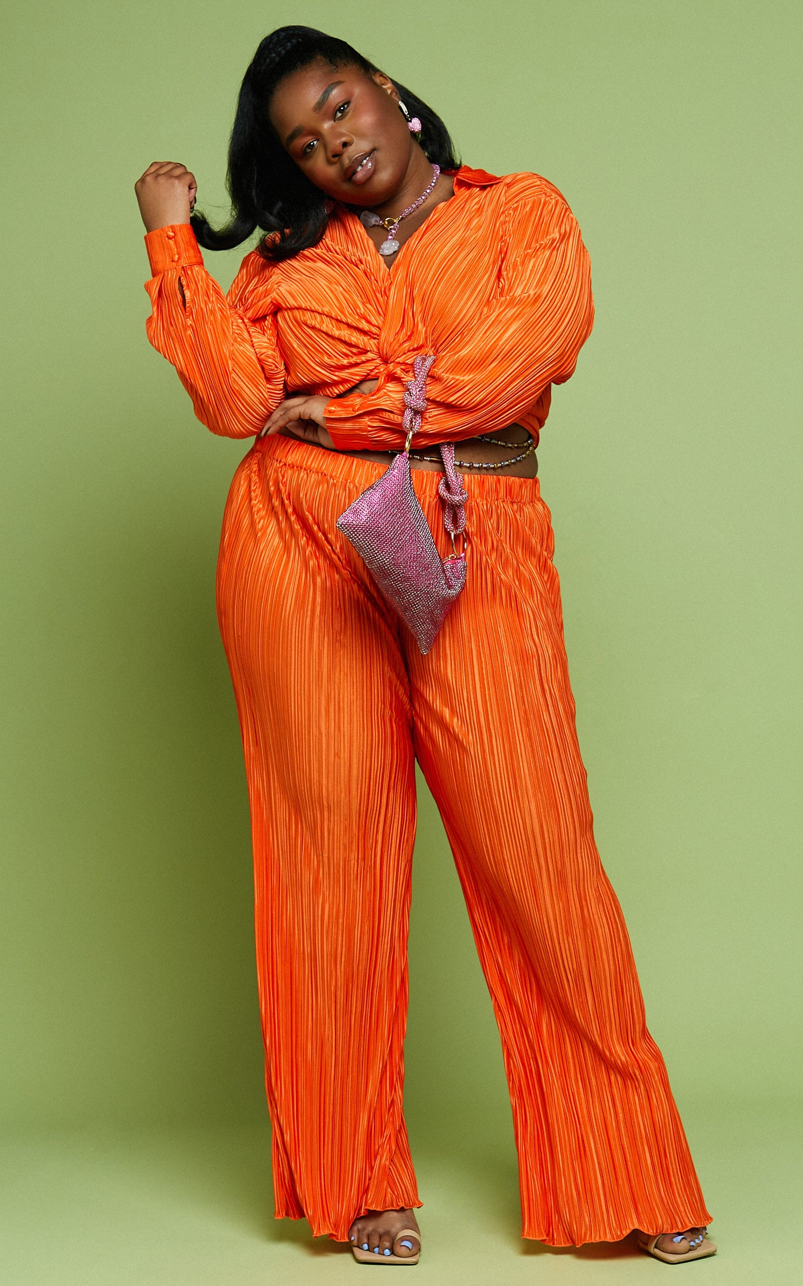 Beca Pants - High Waisted Plisse Flared Pants in Bright Orange - View 7