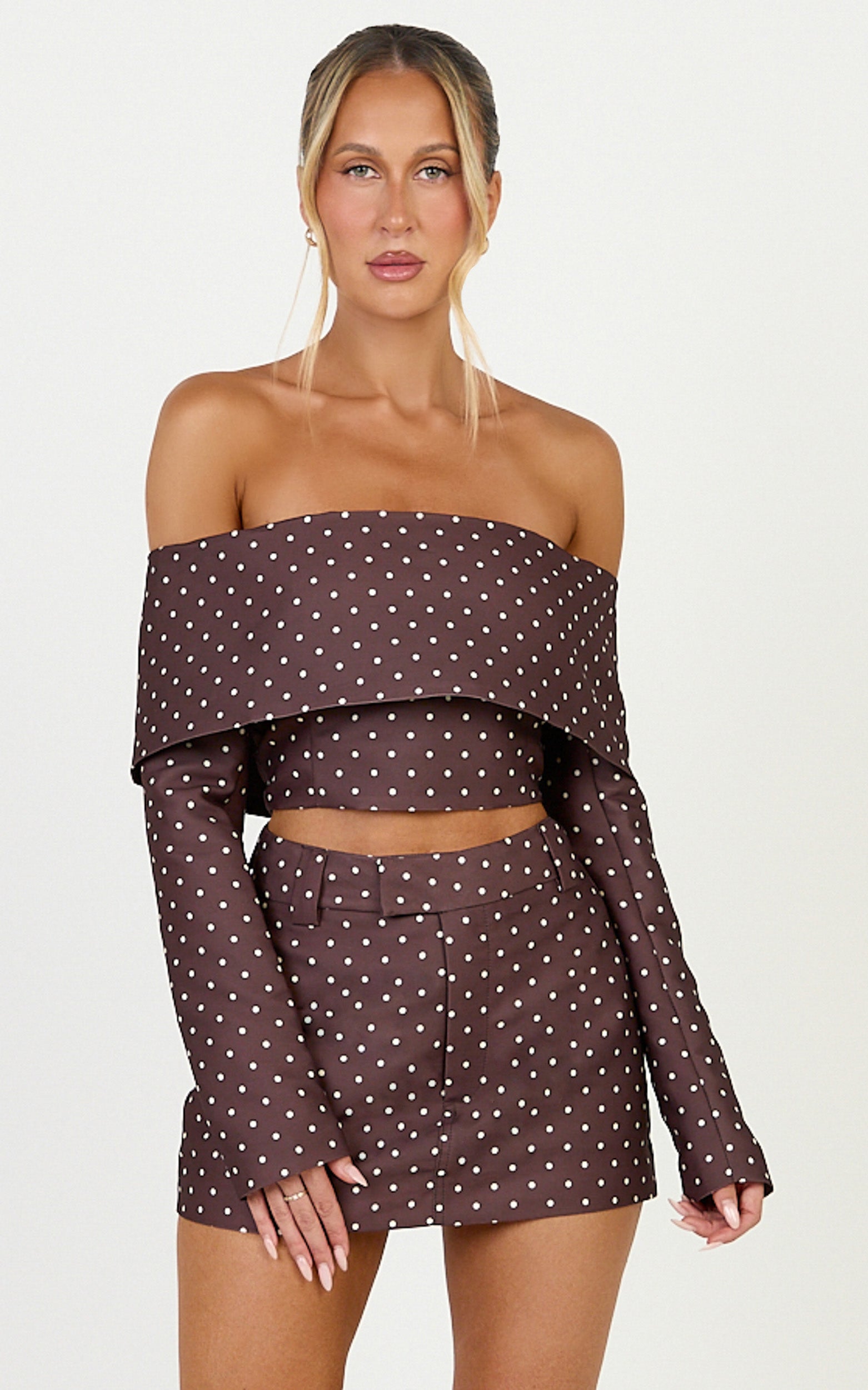 Lana Mini Skirt - Structured Tailored Skirt in Chocolate/Cream Polka Dot - View 3