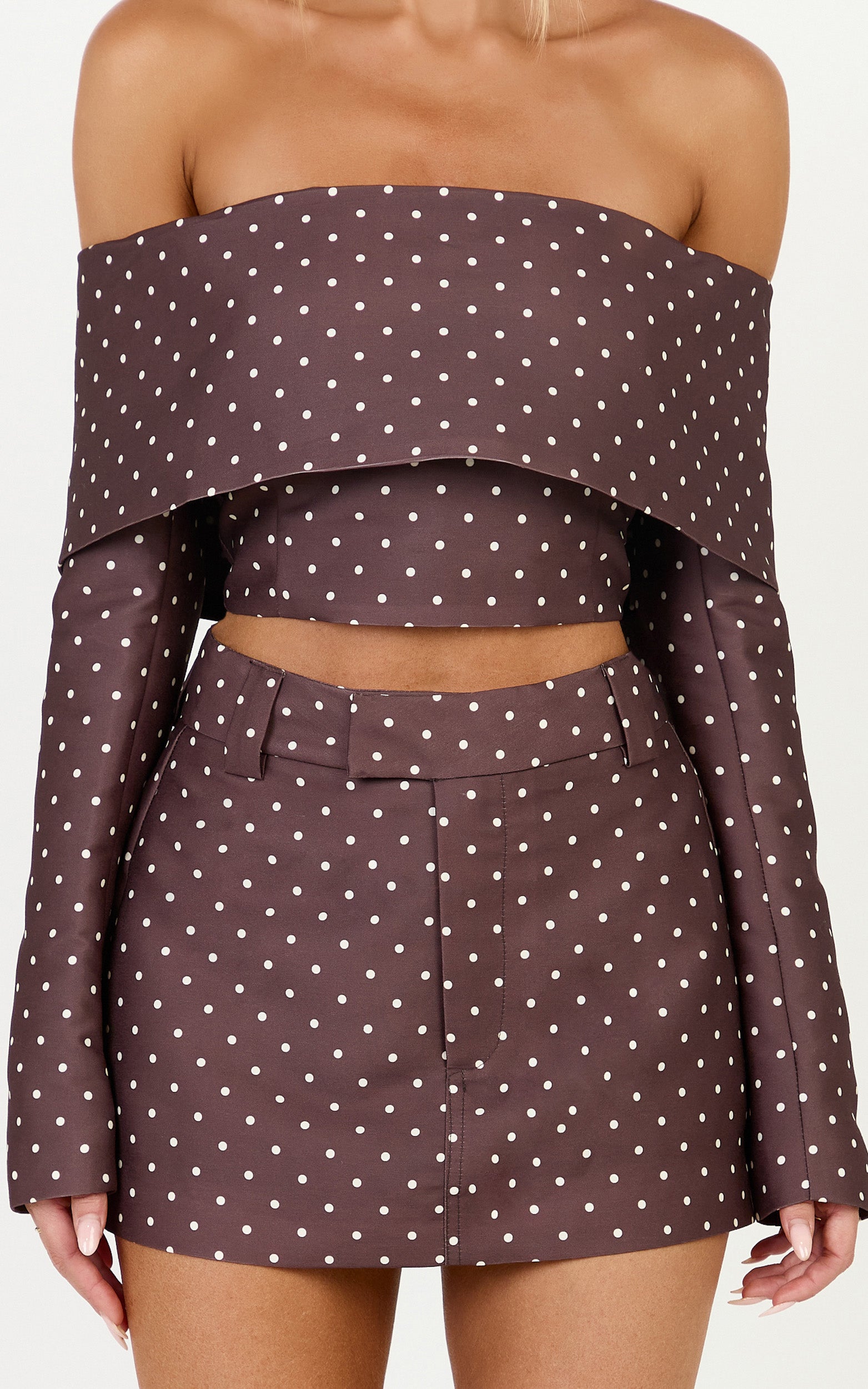 Lana Mini Skirt - Structured Tailored Skirt in Chocolate/Cream Polka Dot - View 2