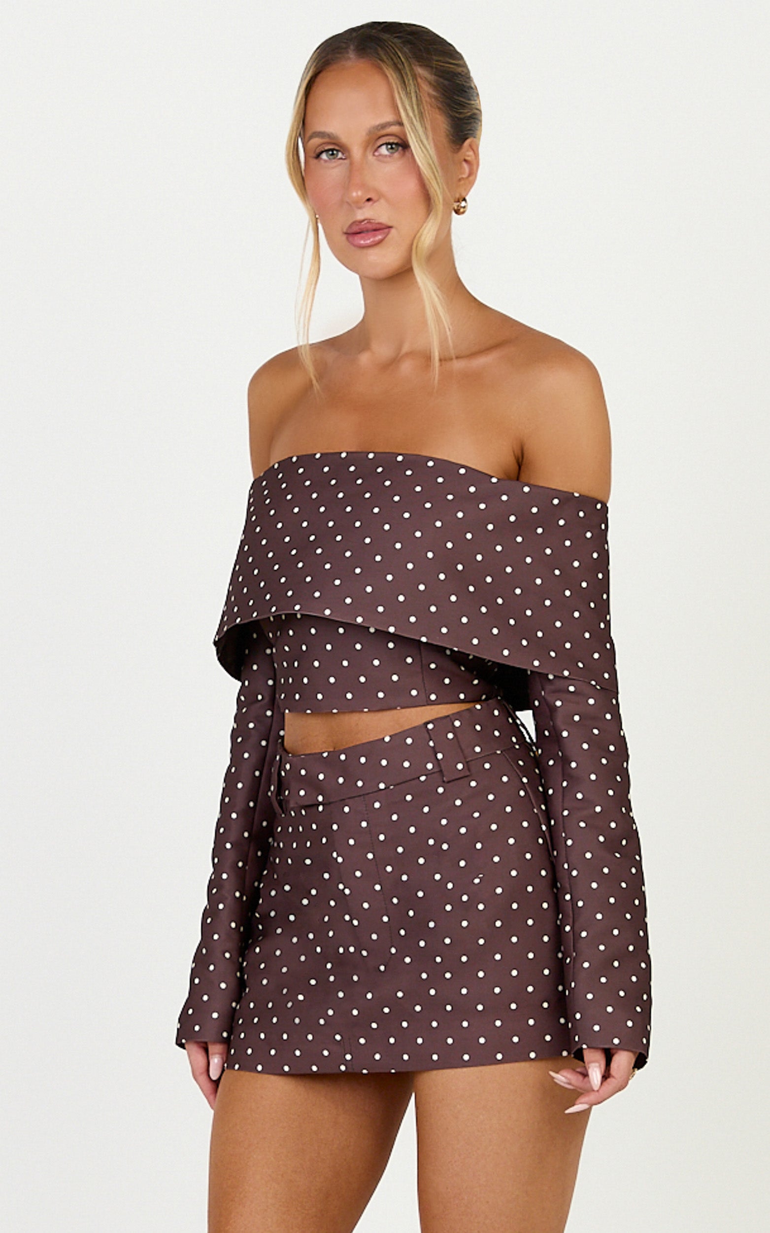 Lana Mini Skirt - Structured Tailored Skirt in Chocolate/Cream Polka Dot - View 4