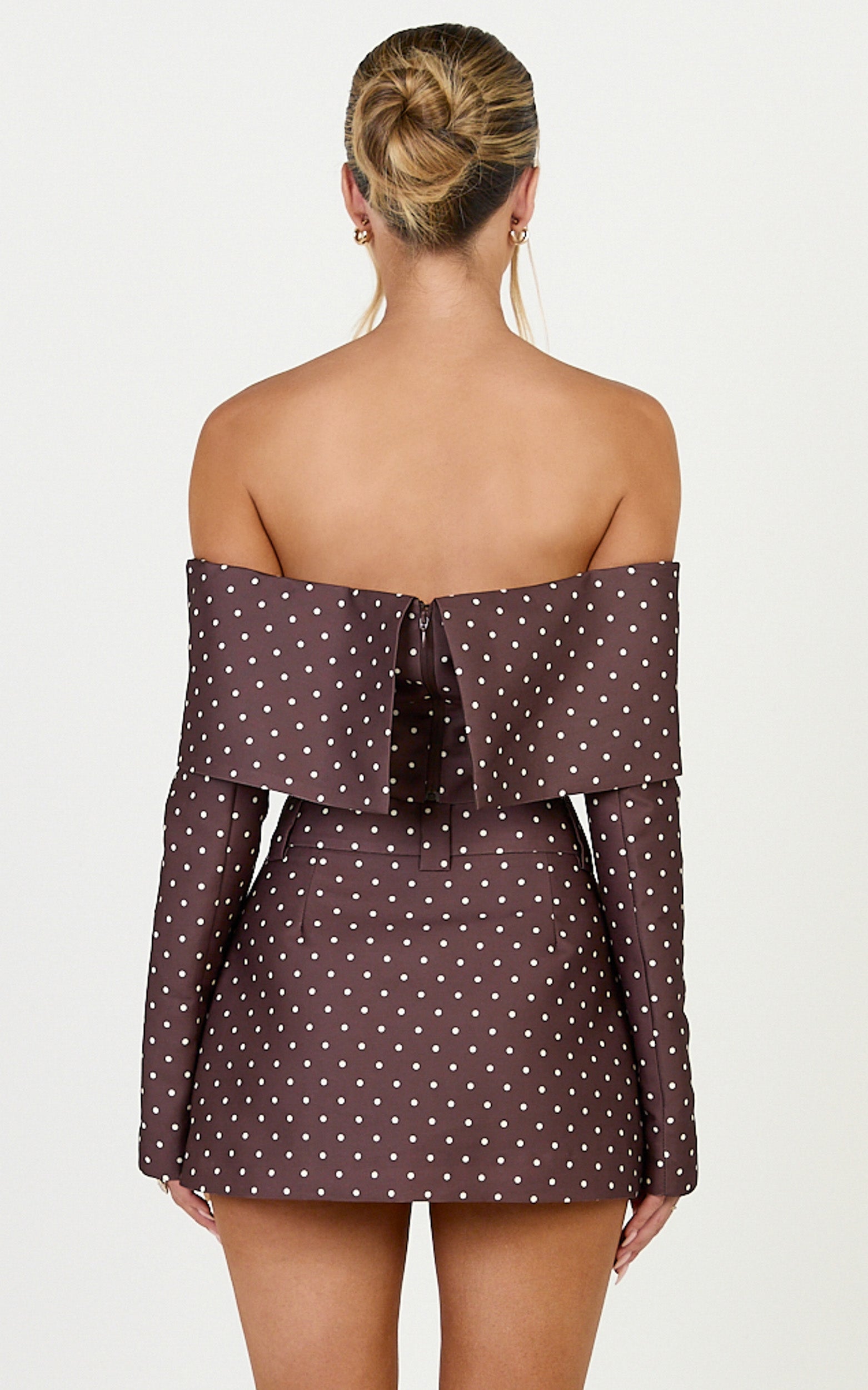 Lana Mini Skirt - Structured Tailored Skirt in Chocolate/Cream Polka Dot - View 5