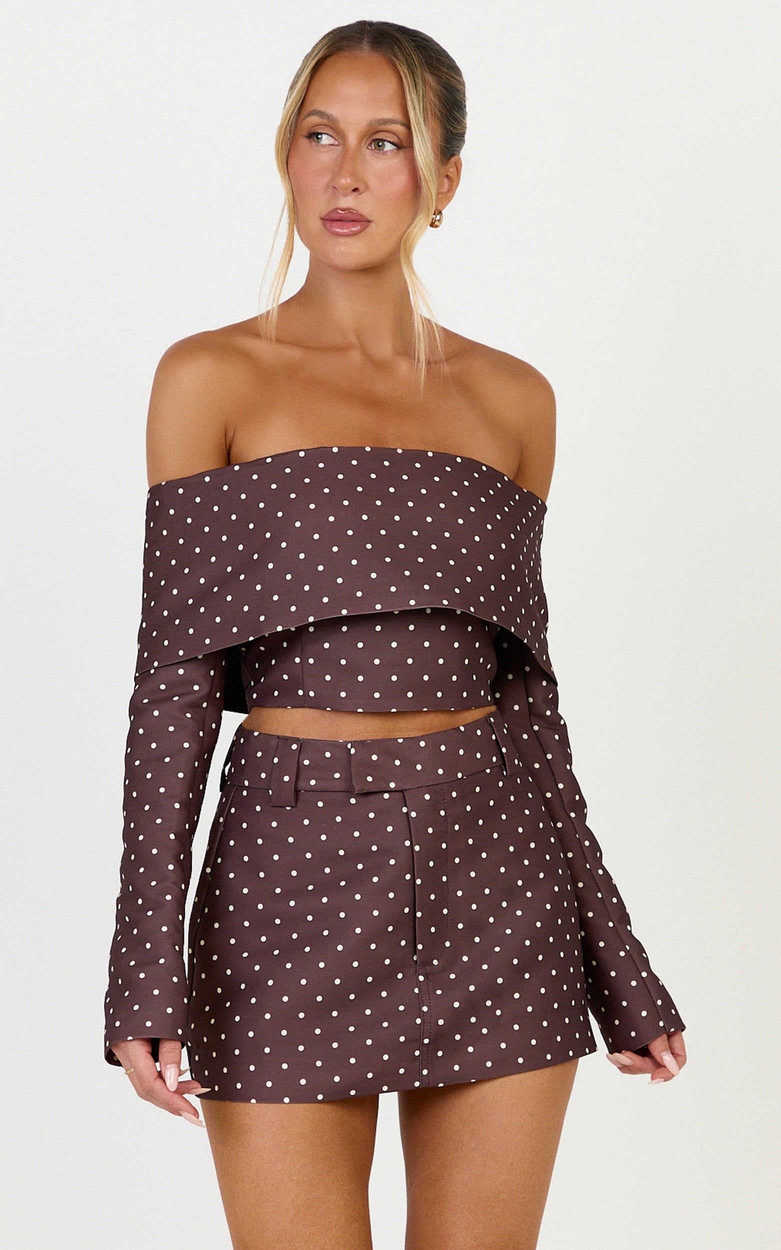 Lana Top - Long Sleeve Off Shoulder Cropped Top in Chocolate/Cream Polka Dot - View 3