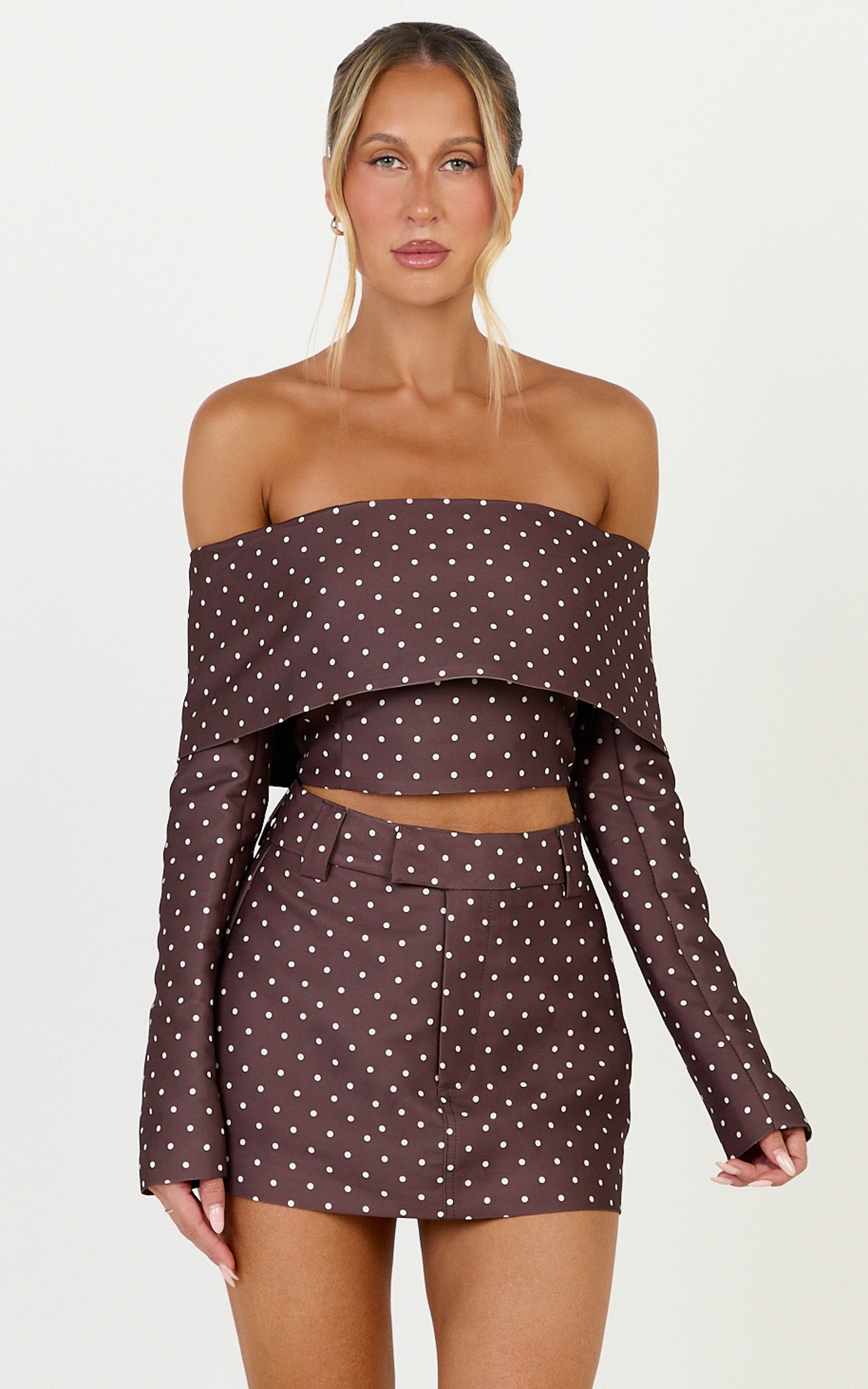 Lana Top - Long Sleeve Off Shoulder Cropped Top in Chocolate/Cream Polka Dot - View 1