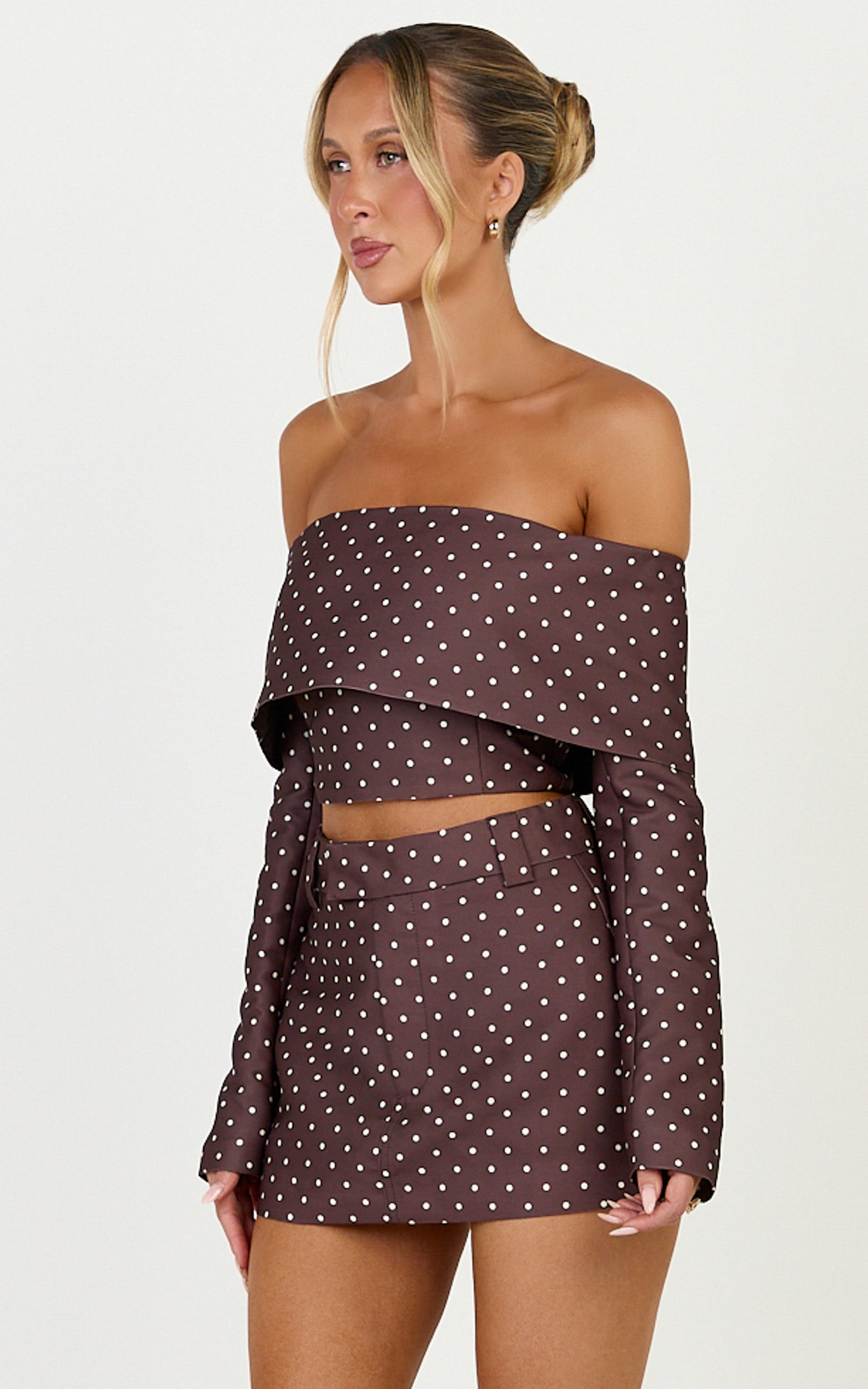 Lana Top - Long Sleeve Off Shoulder Cropped Top in Chocolate/Cream Polka Dot - View 4
