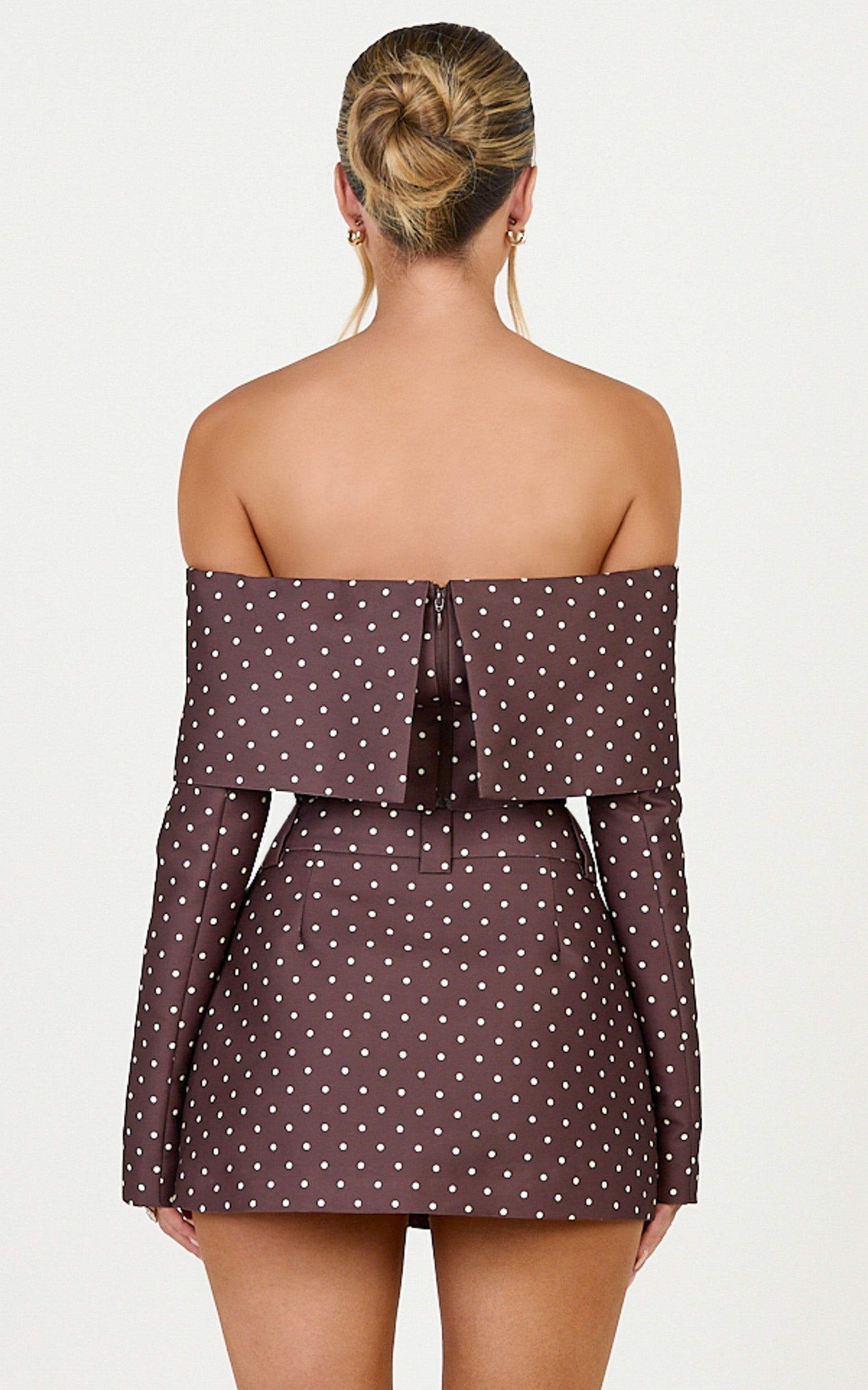 Lana Top - Long Sleeve Off Shoulder Cropped Top in Chocolate/Cream Polka Dot - View 5
