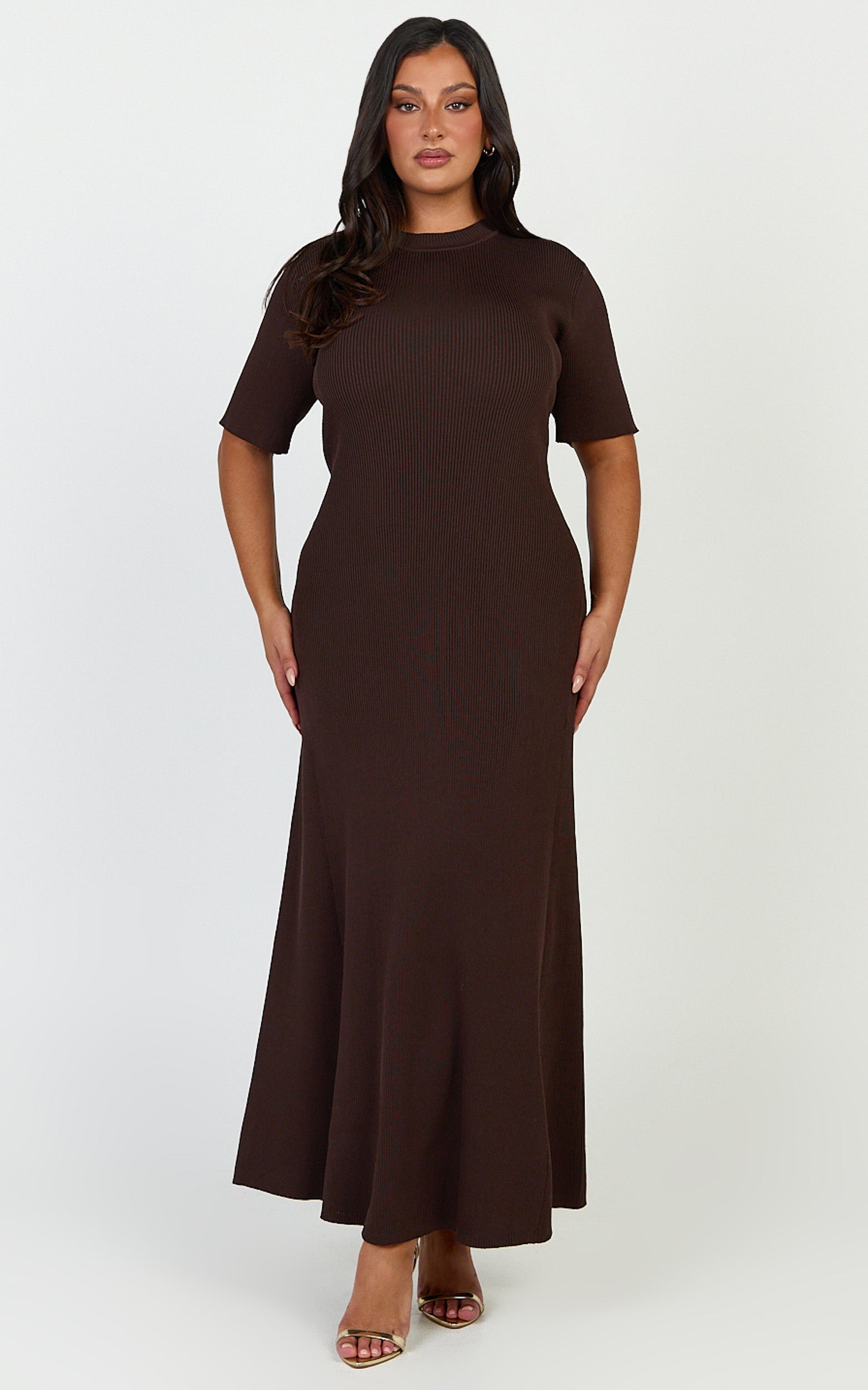Lanie Midi Dress - Knitted Crew Neck Short Sleeve Dress in Chocolate - View 2