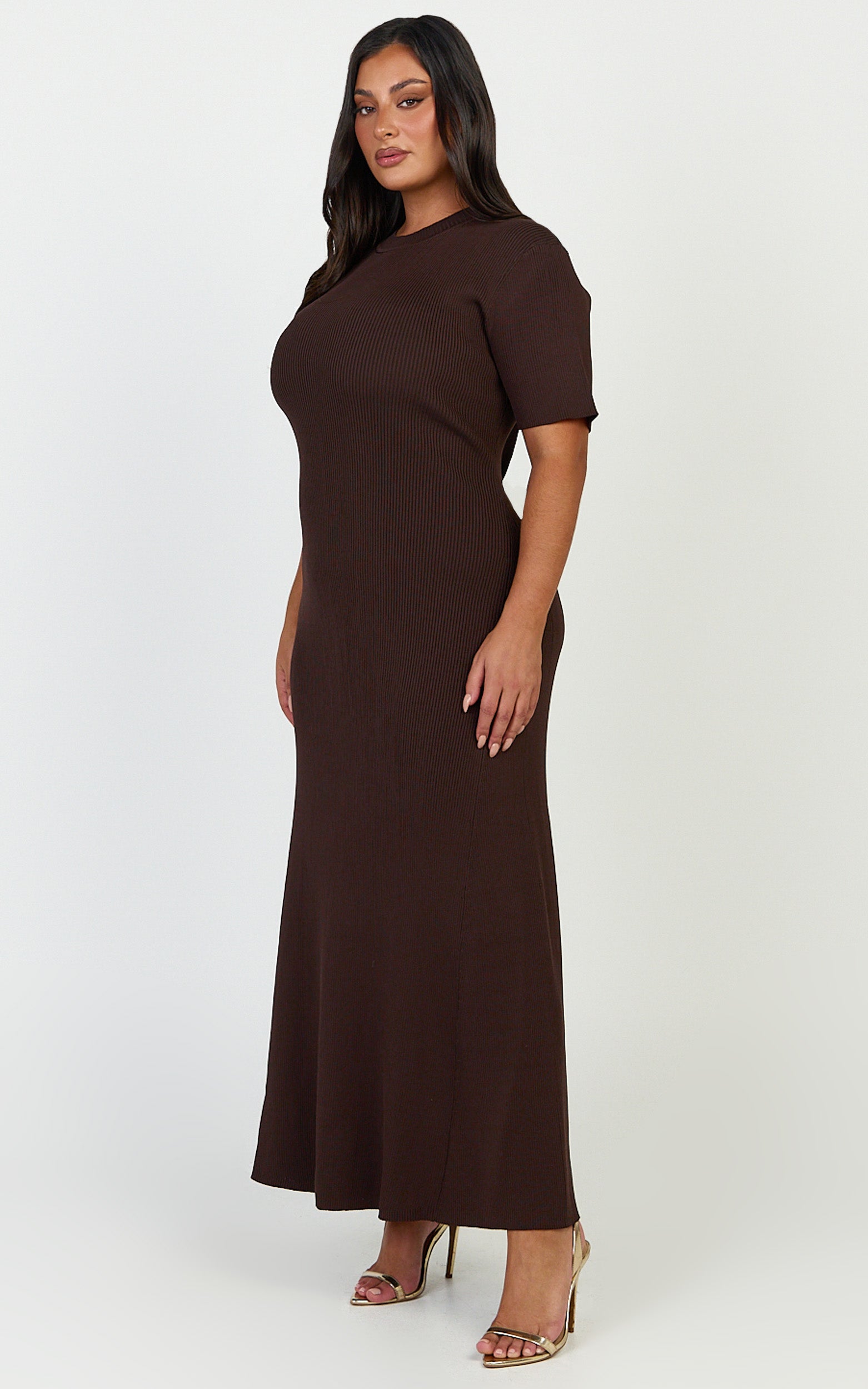 Lanie Midi Dress - Knitted Crew Neck Short Sleeve Dress in Chocolate - View 4