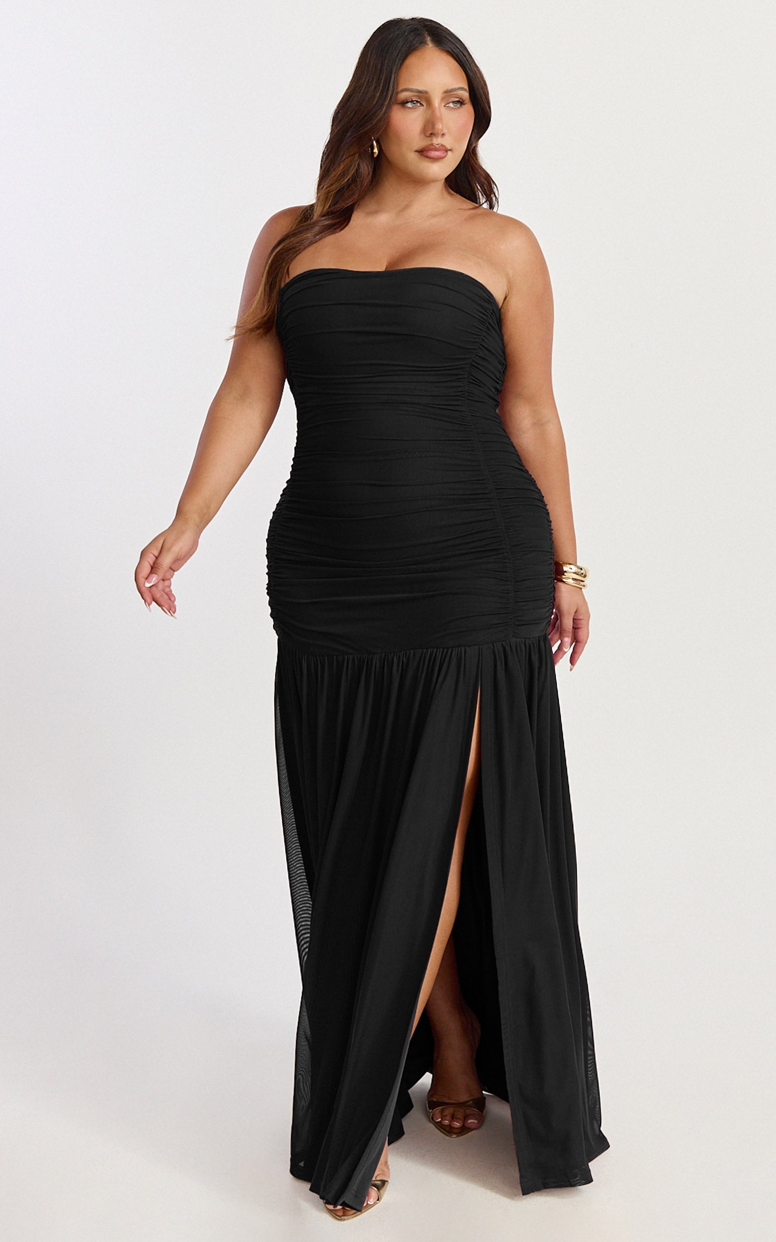 Marguerite Maxi Dress - Strapless Ruched Mesh High Leg Split Dress in Black - View 6