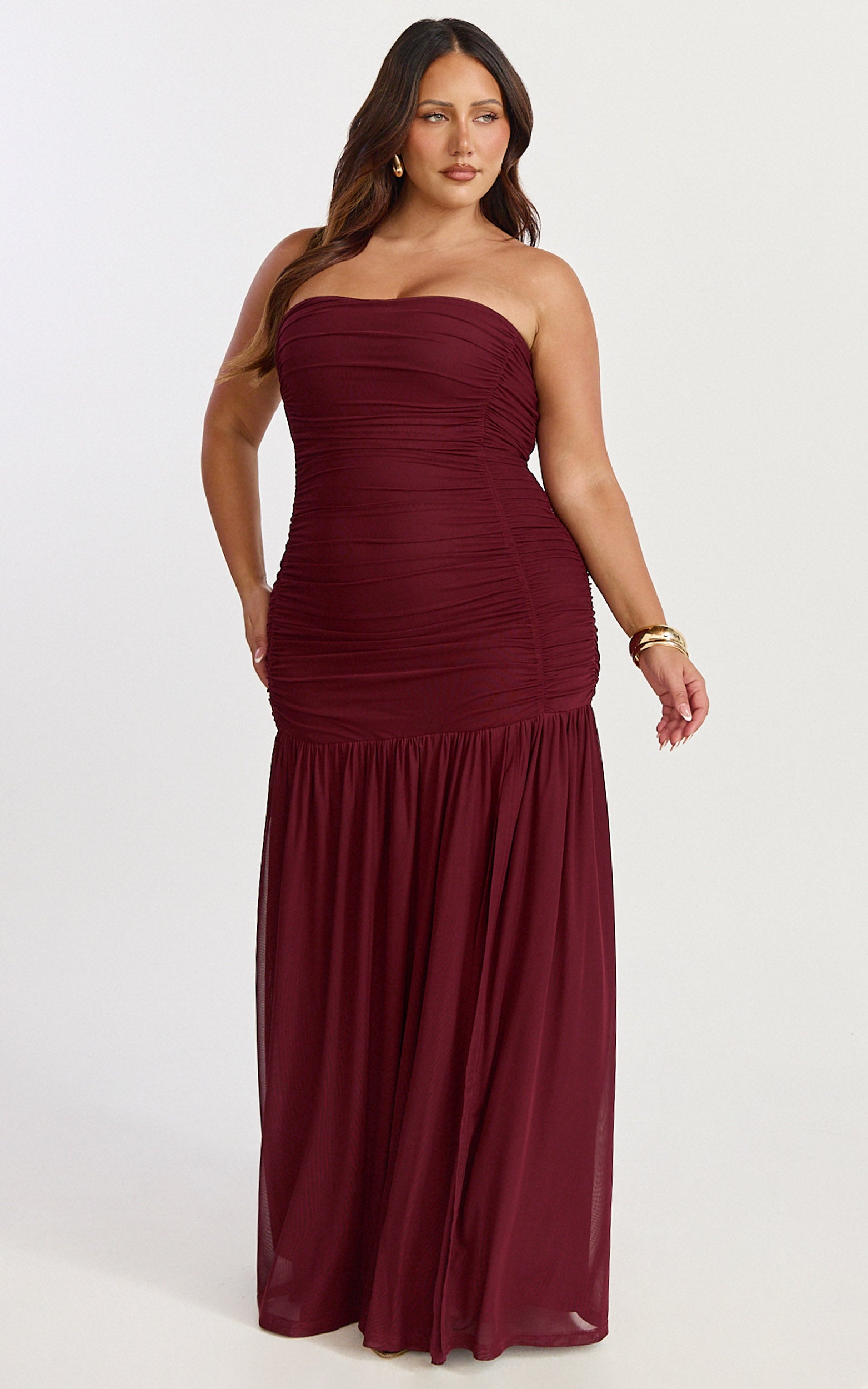 Marguerite Maxi Dress - Strapless Ruched Mesh High Leg Split Dress in Wine - View 4