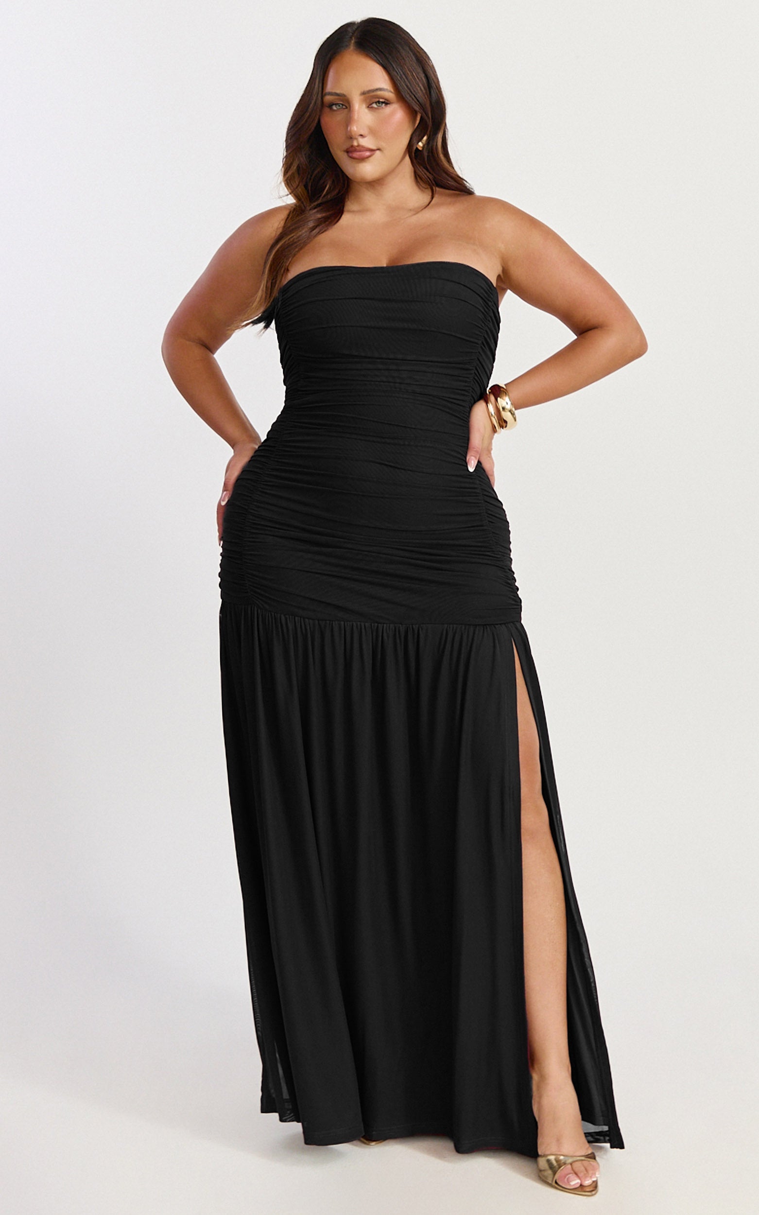 Marguerite Maxi Dress - Strapless Ruched Mesh High Leg Split Dress in Black - View 2