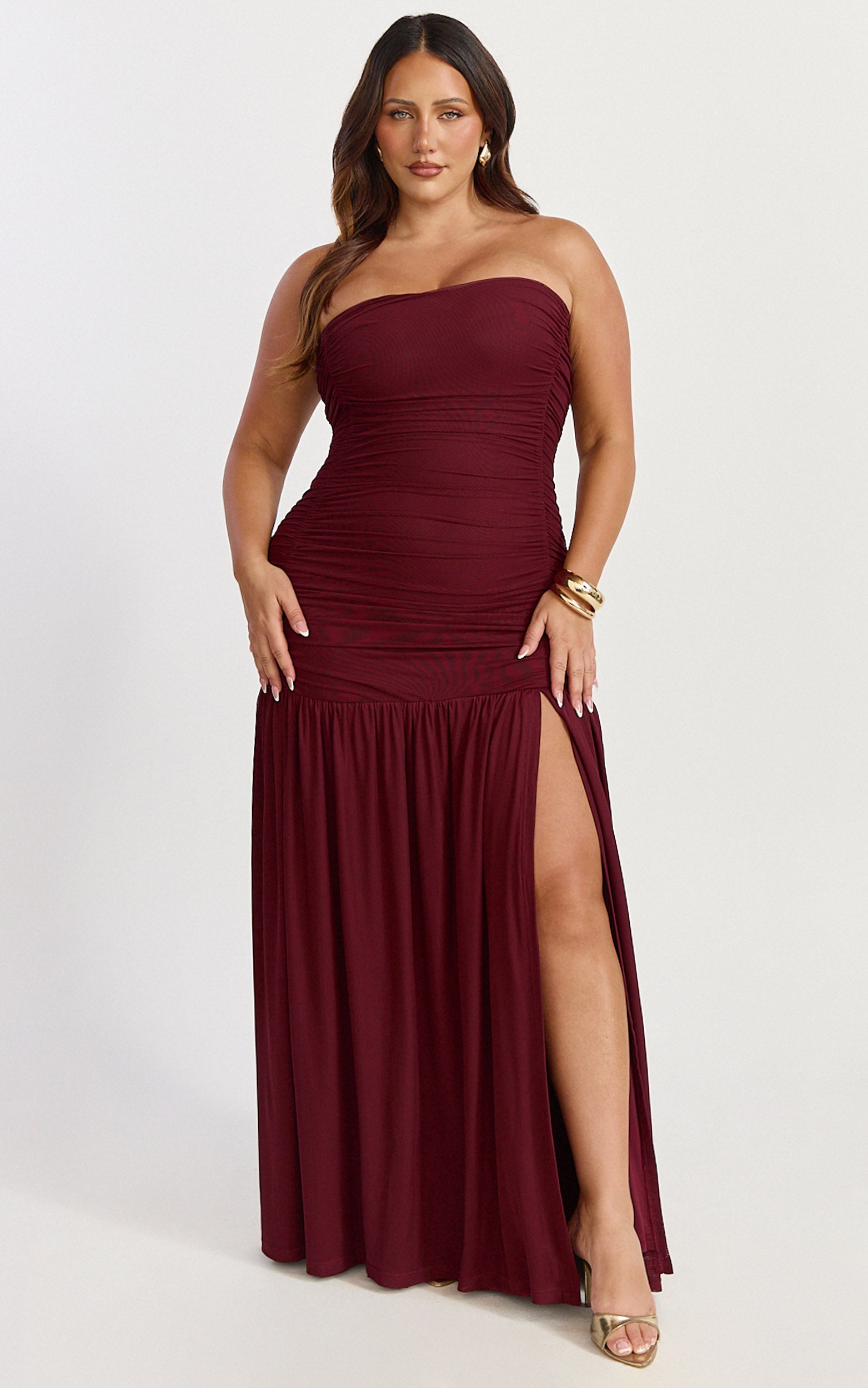Marguerite Maxi Dress - Strapless Ruched Mesh High Leg Split Dress in Wine - View 2