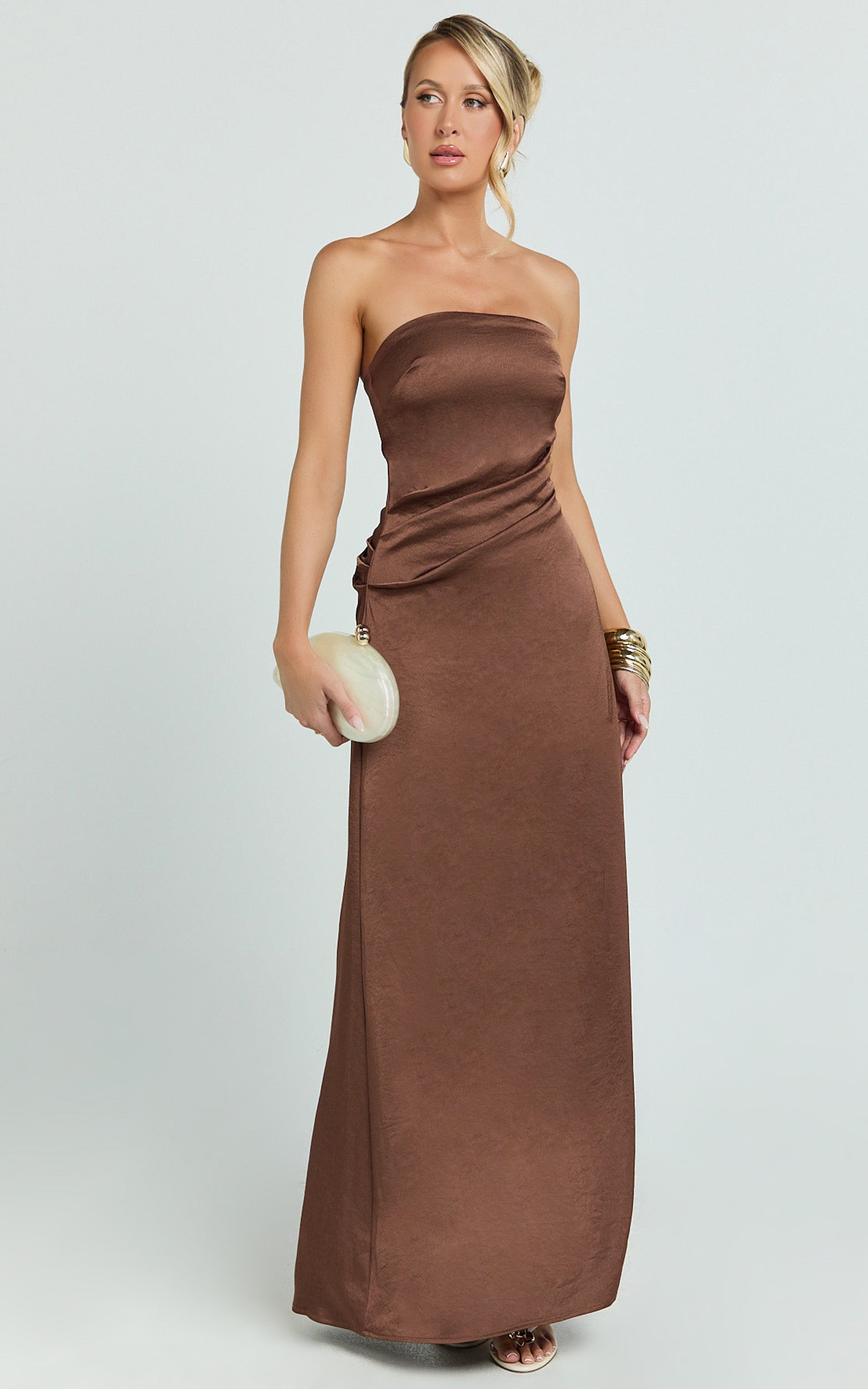 Laurie Maxi Dress - Strapless Draped Satin Dress in Chocolate - View 5