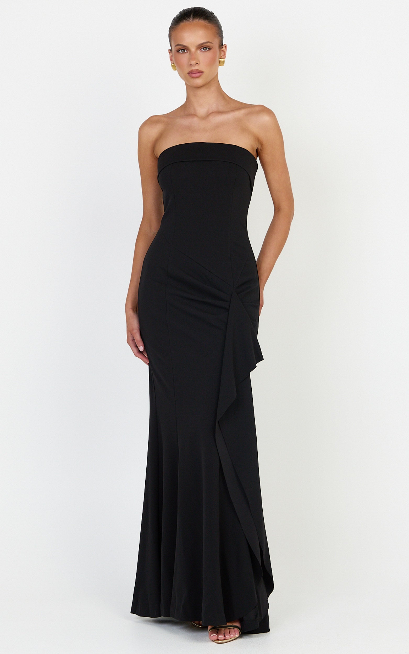 Leda Maxi Dress - Strapless Waterfall Sash Dress in Black - View 3