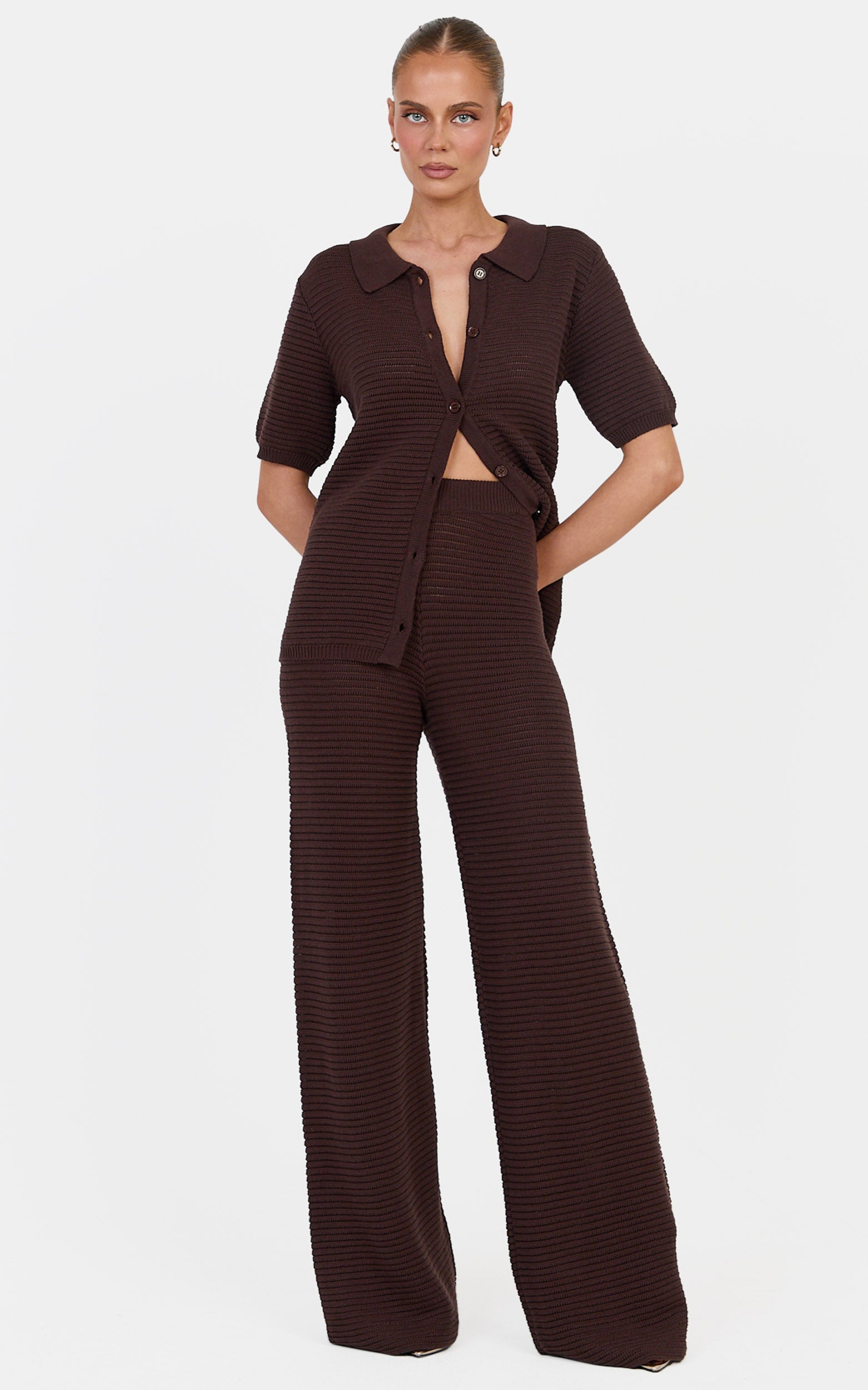 Leonora Two Piece Top and Pants Set - Cotton Knit Button Through Shirt and Drawstring Pants Set in Chocolate - View 1
