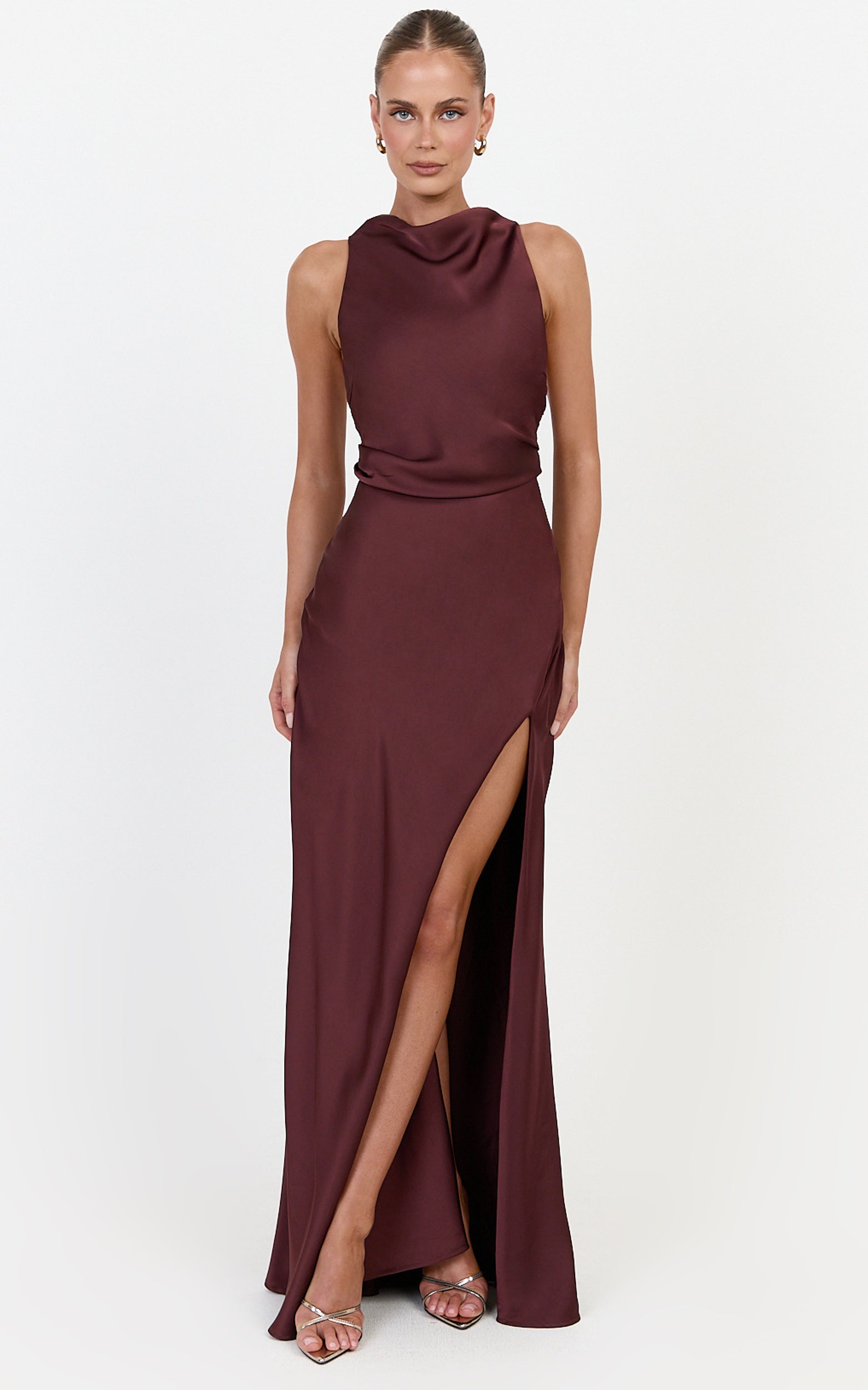 Lillian Maxi Dress - Racerback Cowl Neck Draped Satin Dress in Plum - View 1