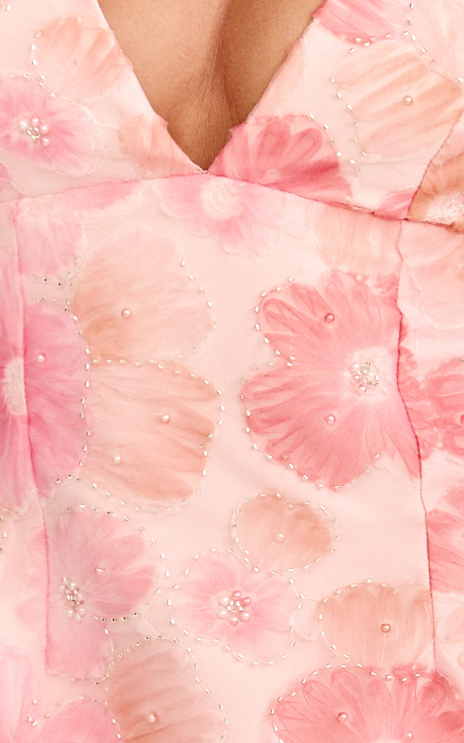 Lima Mini Dress - Plunge Neck Floral Embellished A Line Dress in Pink - View 6