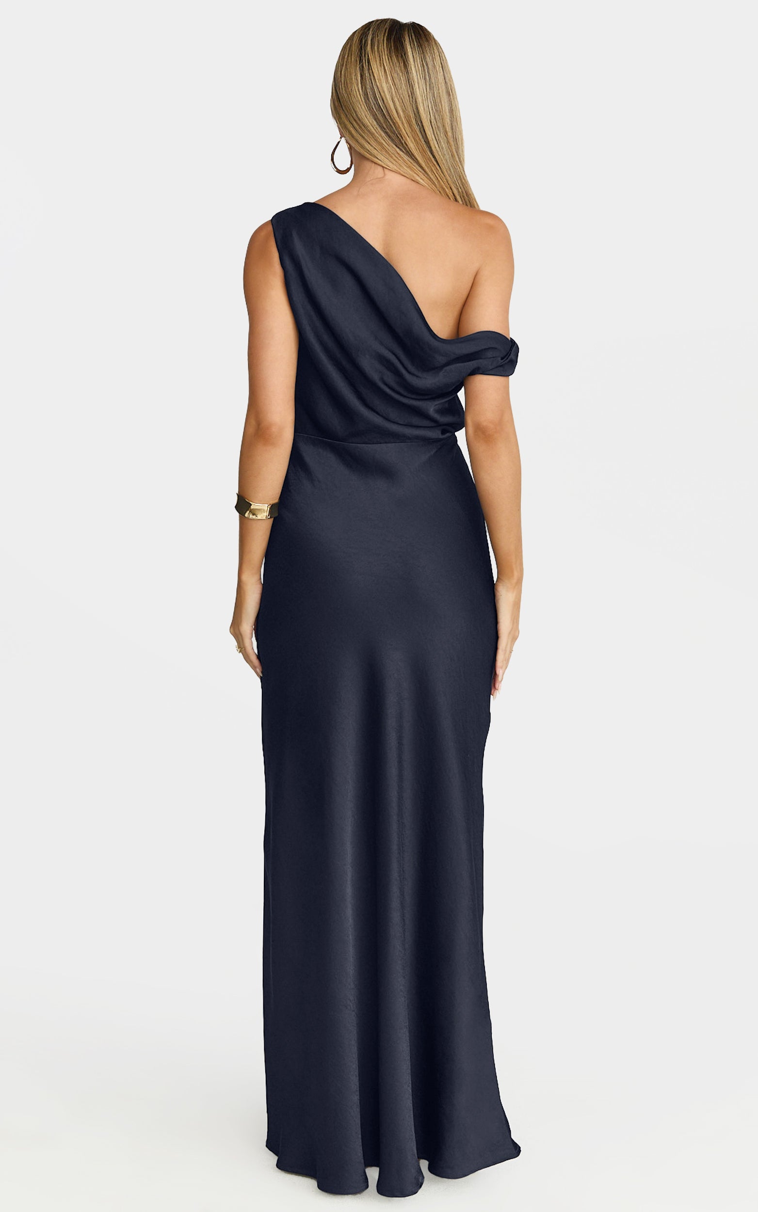 Lira Maxi Dress - One Shoulder Satin Dress in Navy - View 5