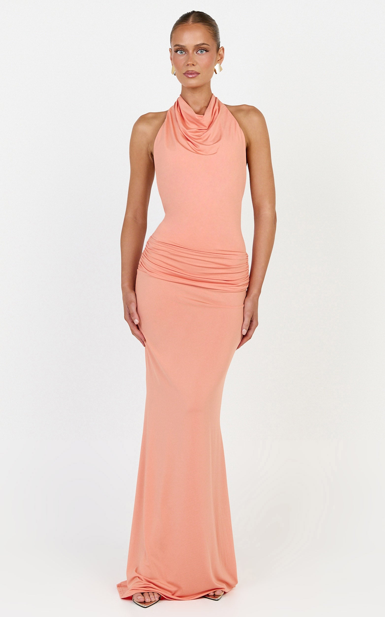 Lizzy Maxi Dress - Backless Ruched Bodycon Dress in Coral - View 3