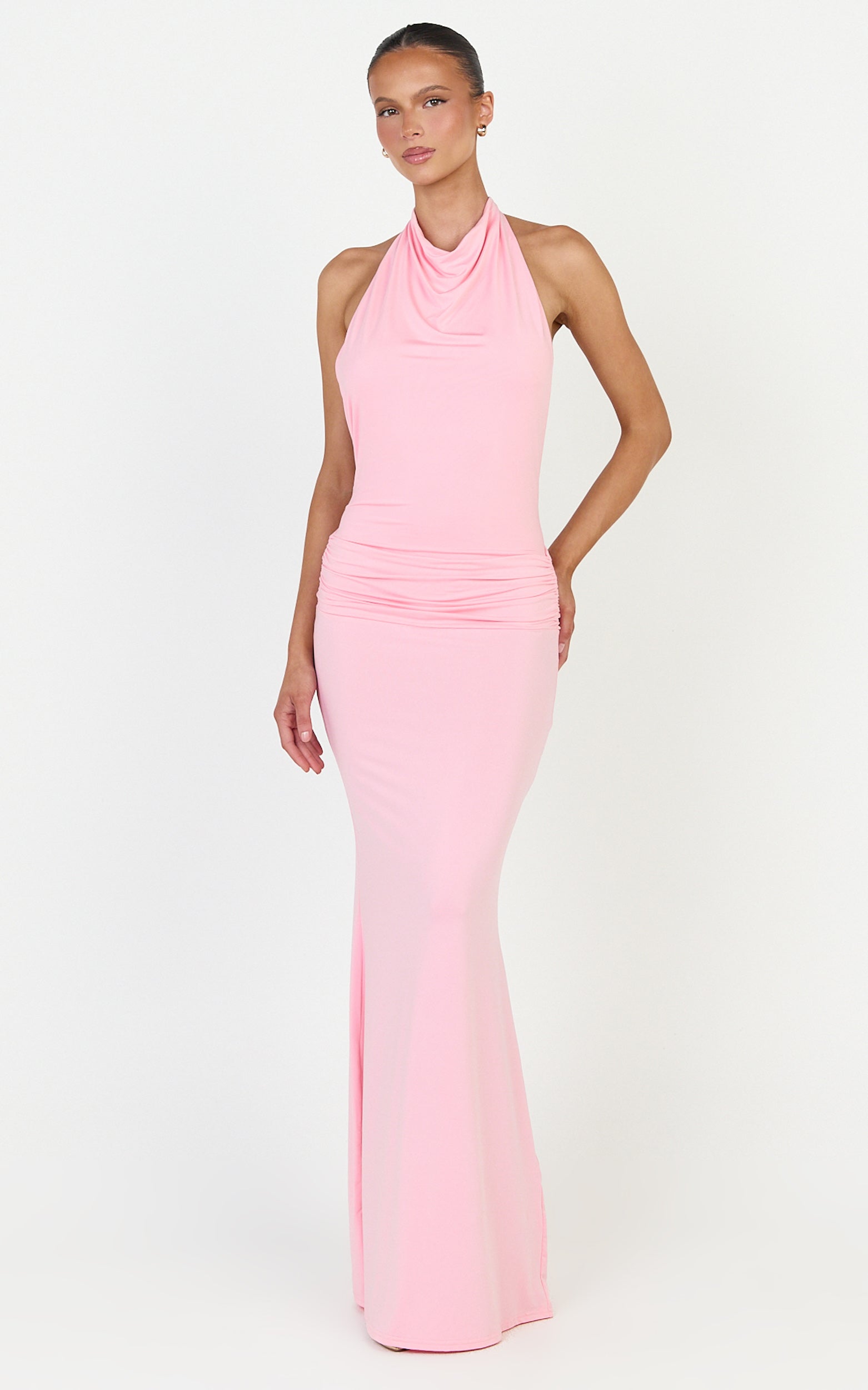 Lizzy Maxi Dress - Backless Ruched Bodycon Dress in Pink - View 3