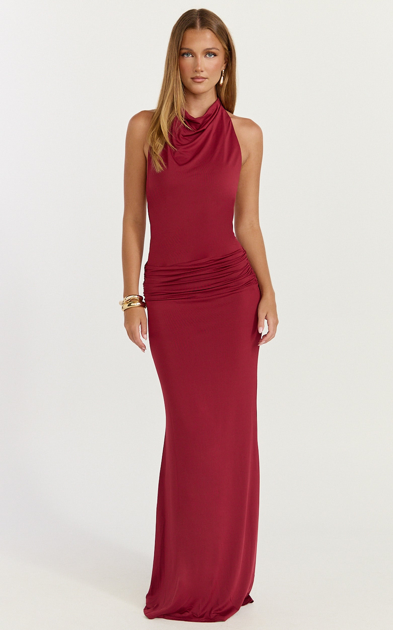 Lizzy Maxi Dress - Backless Ruched Bodycon Dress in Wine - View 1