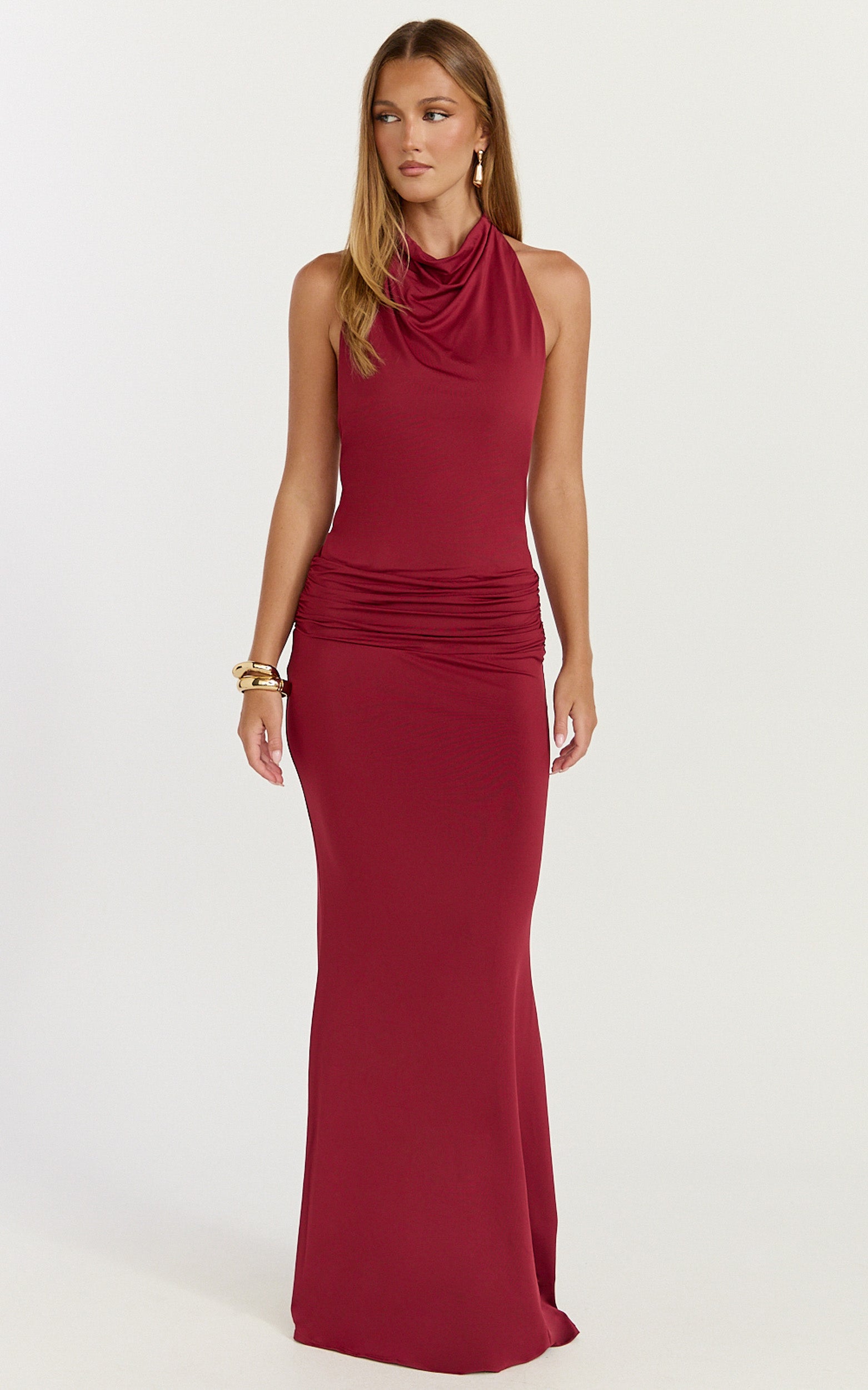 Lizzy Maxi Dress - Backless Ruched Bodycon Dress in Wine - View 3