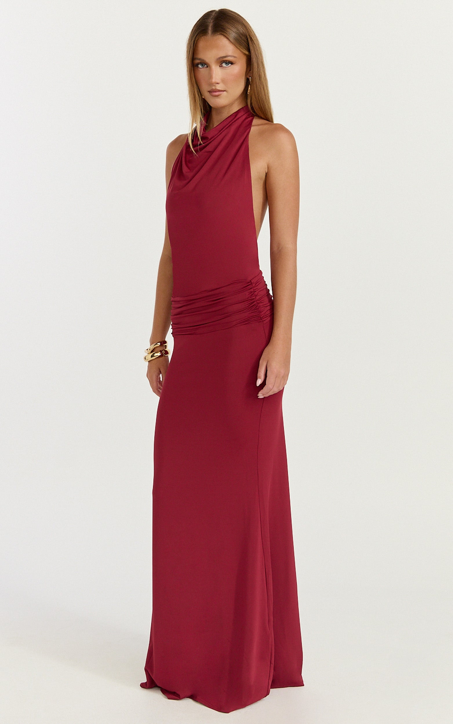 Lizzy Maxi Dress - Backless Ruched Bodycon Dress in Wine - View 5