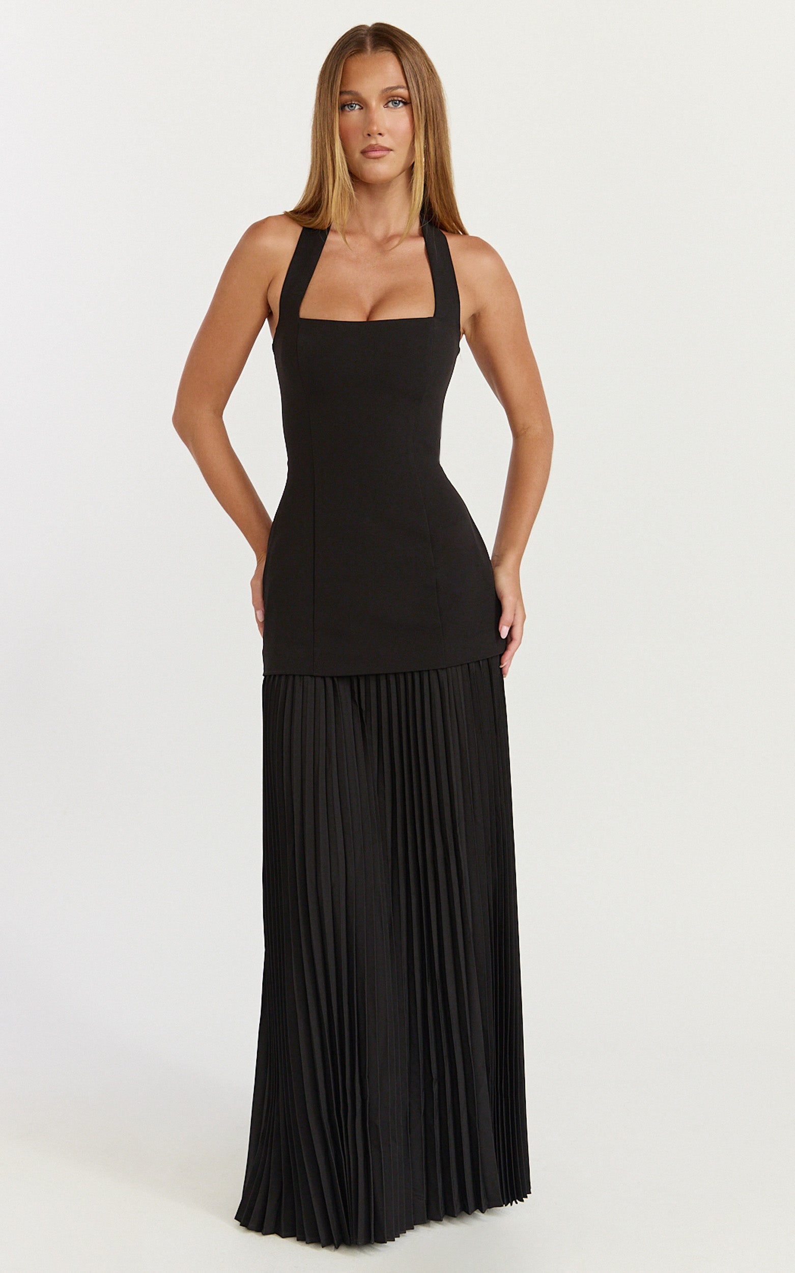 Loretta Maxi Dress - Contrast Halter Neck Pleated Dress in Black - View 3