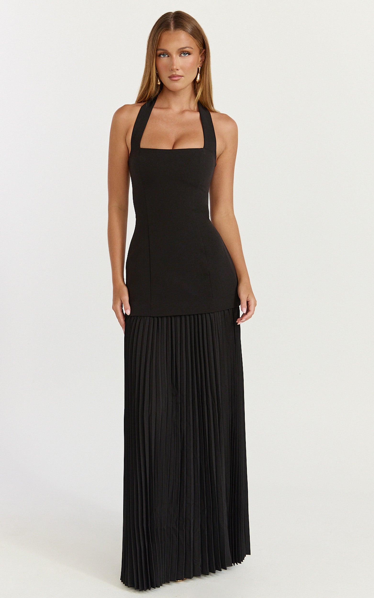 Loretta Maxi Dress - Contrast Halter Neck Pleated Dress in Black - View 1