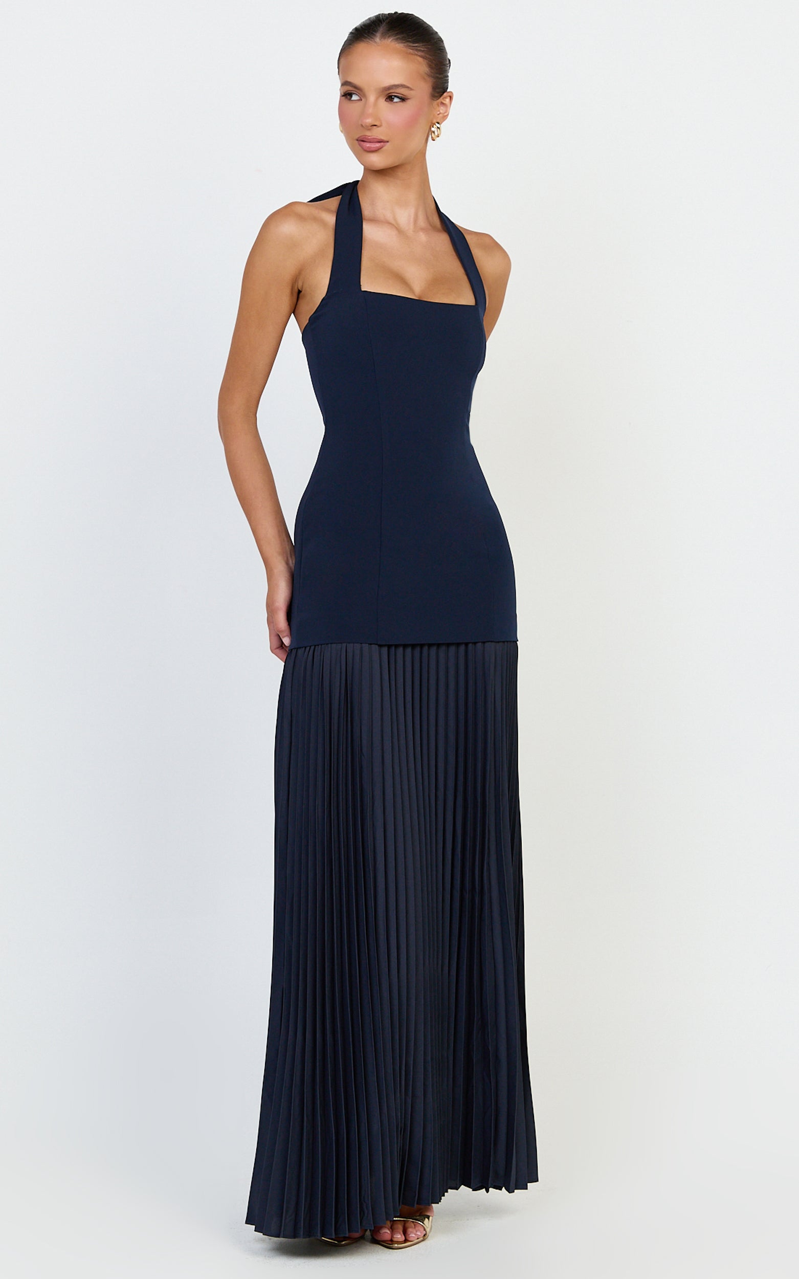 Loretta Maxi Dress - Contrast Halter Neck Pleated Dress in Navy - View 1