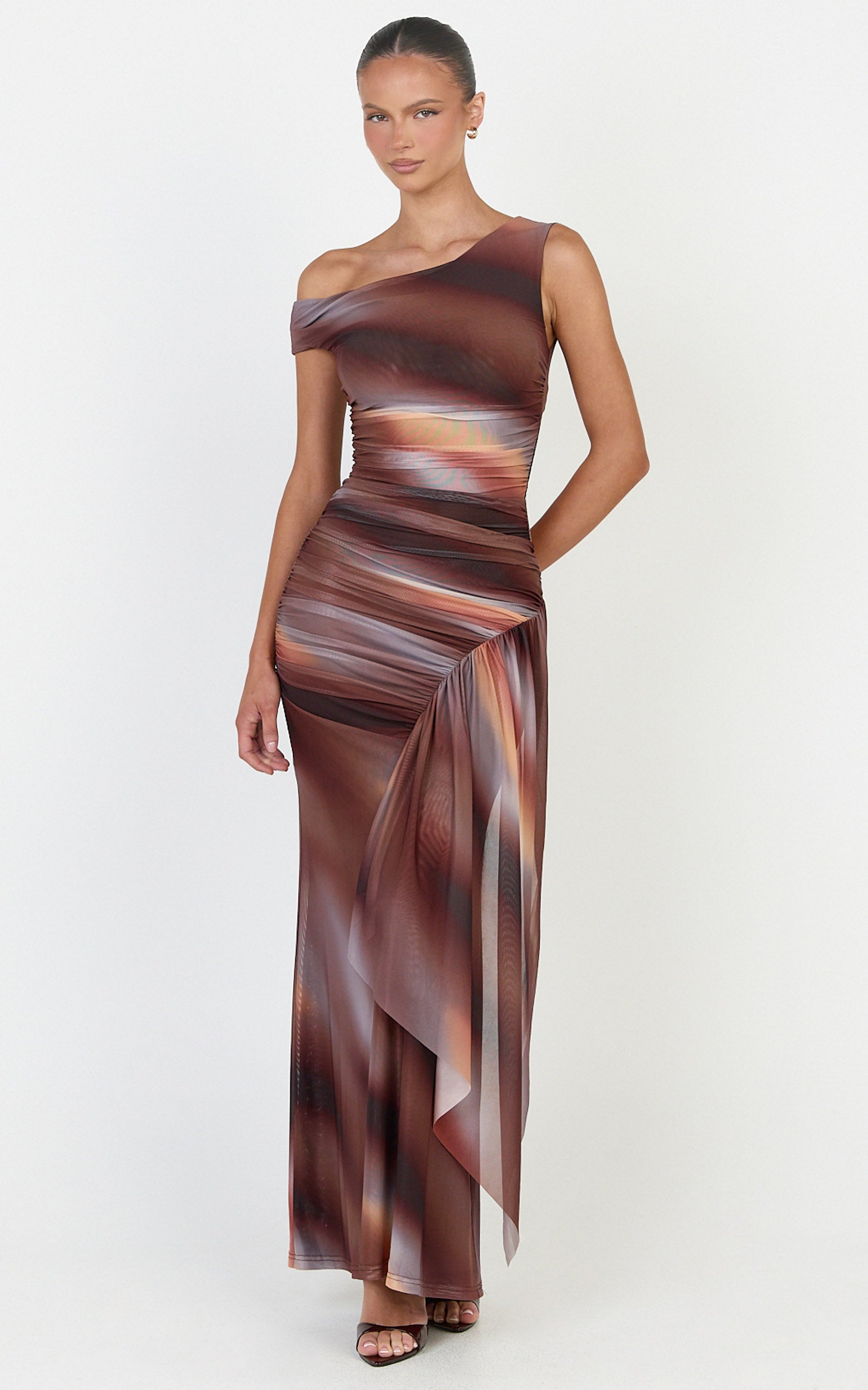 Lucienne Maxi Dress - Asymmetric Neckline Gathered Draped Sash Dress in Aurora Print - View 1