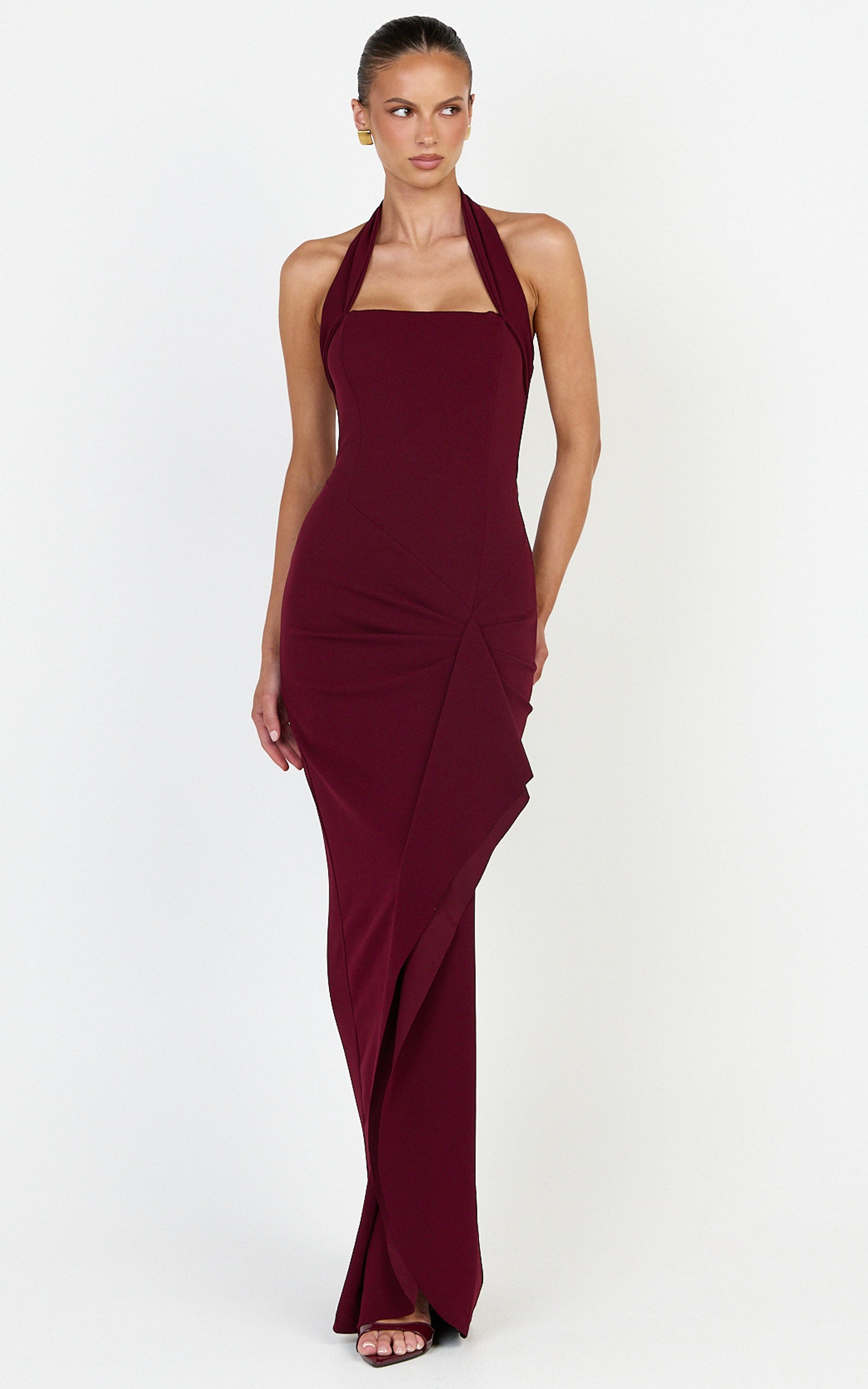Lyra Maxi Dress - Halter Neck Waterfall Sash Dress in Wine - View 1