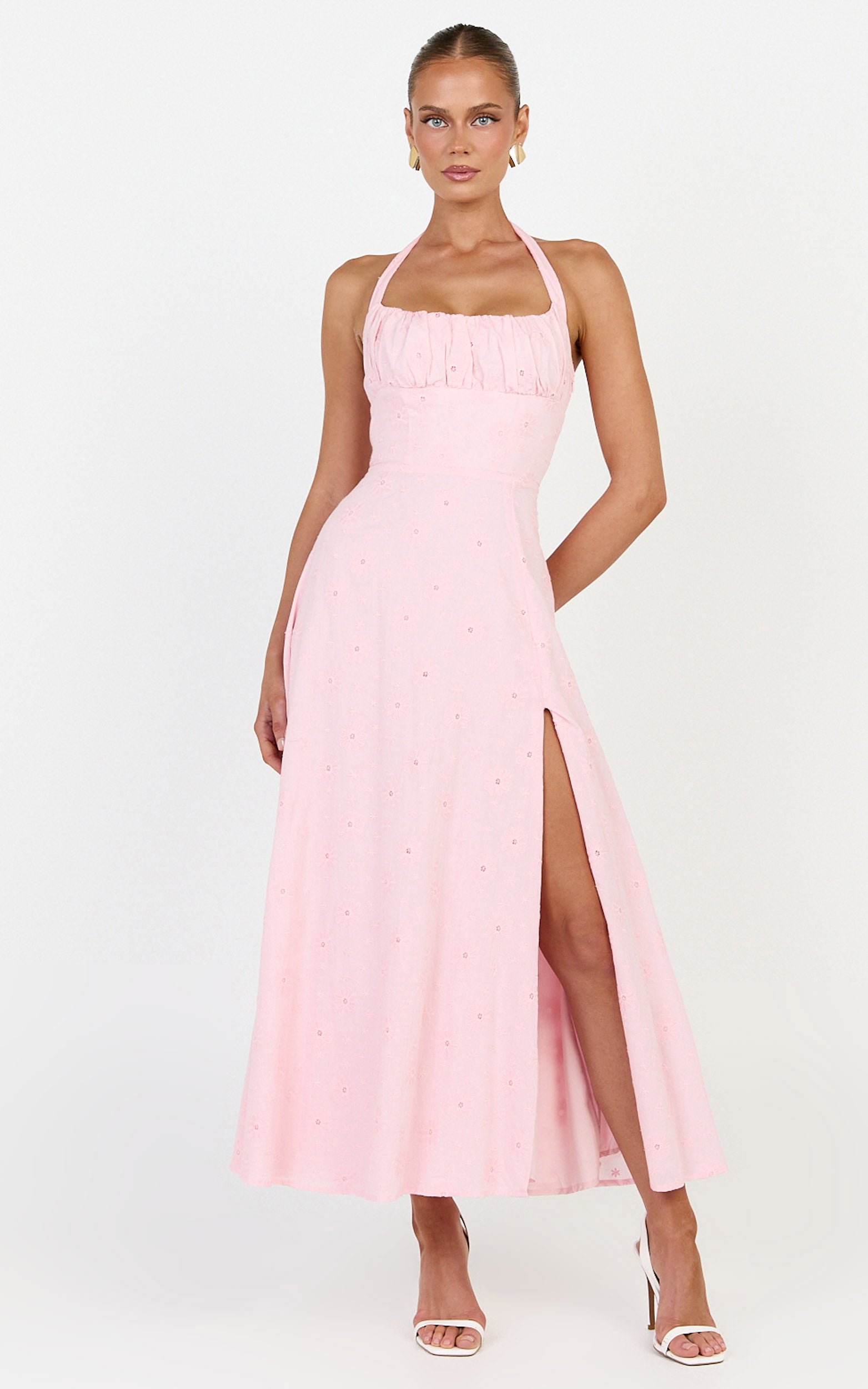 Lyra Midi Dress - Broderie Ruched Bust Halter Neck Dress in Pink - View 1