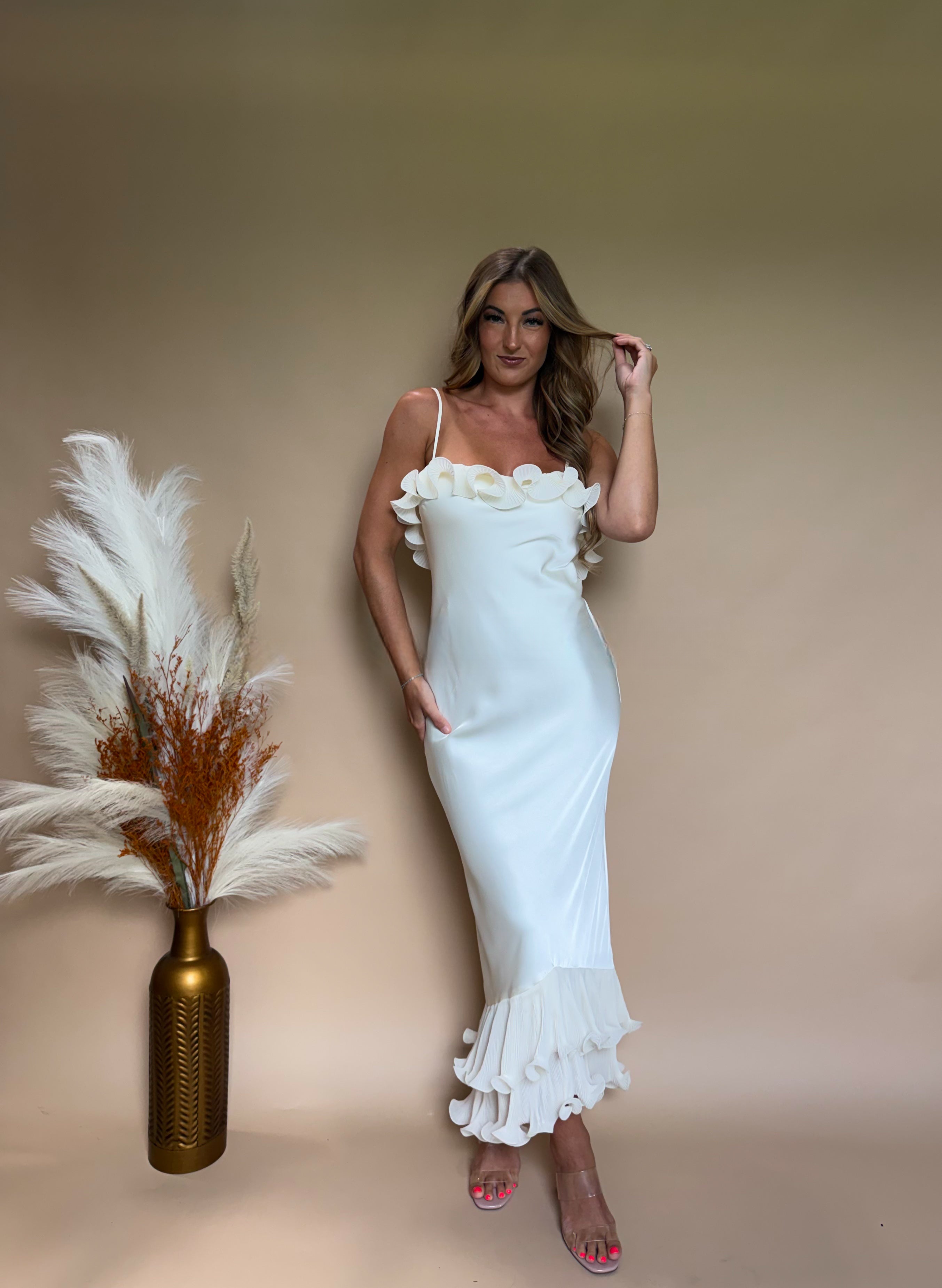 Oyster Luxe Satin Midi Dress