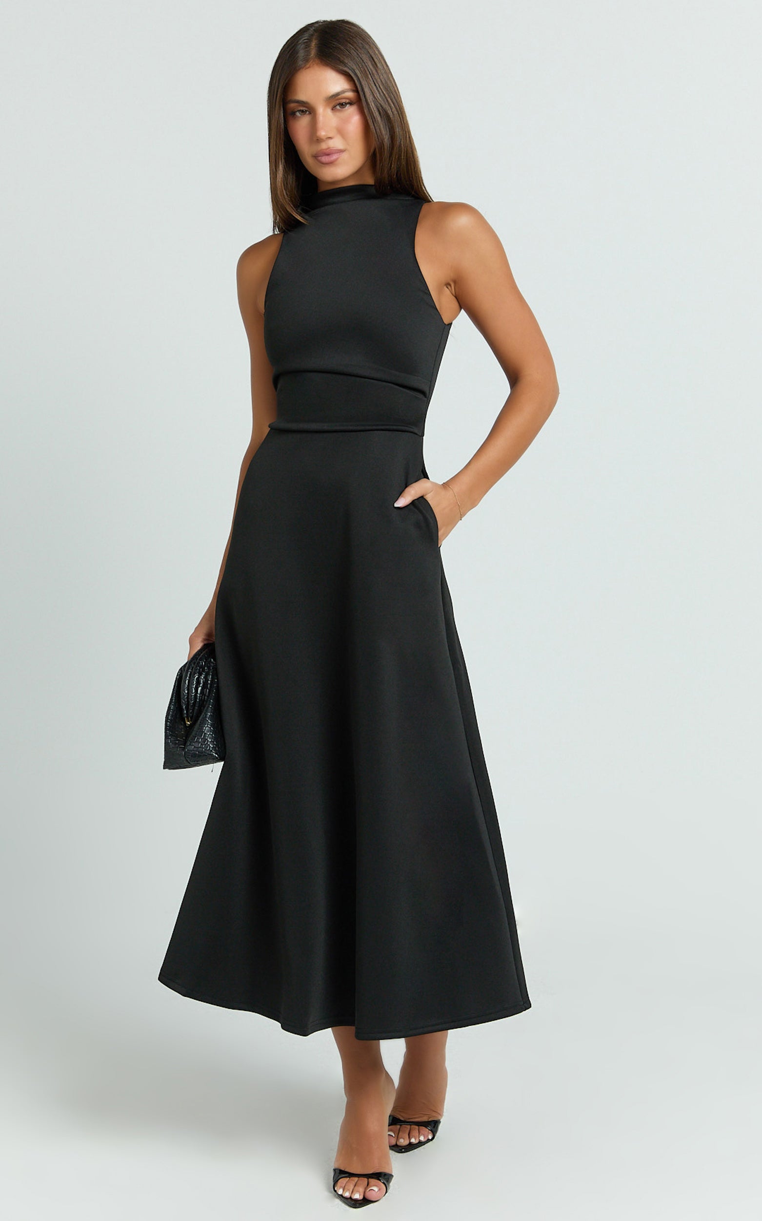 Macy Midi Dress - High Neck A Line Dress in Black - View 7