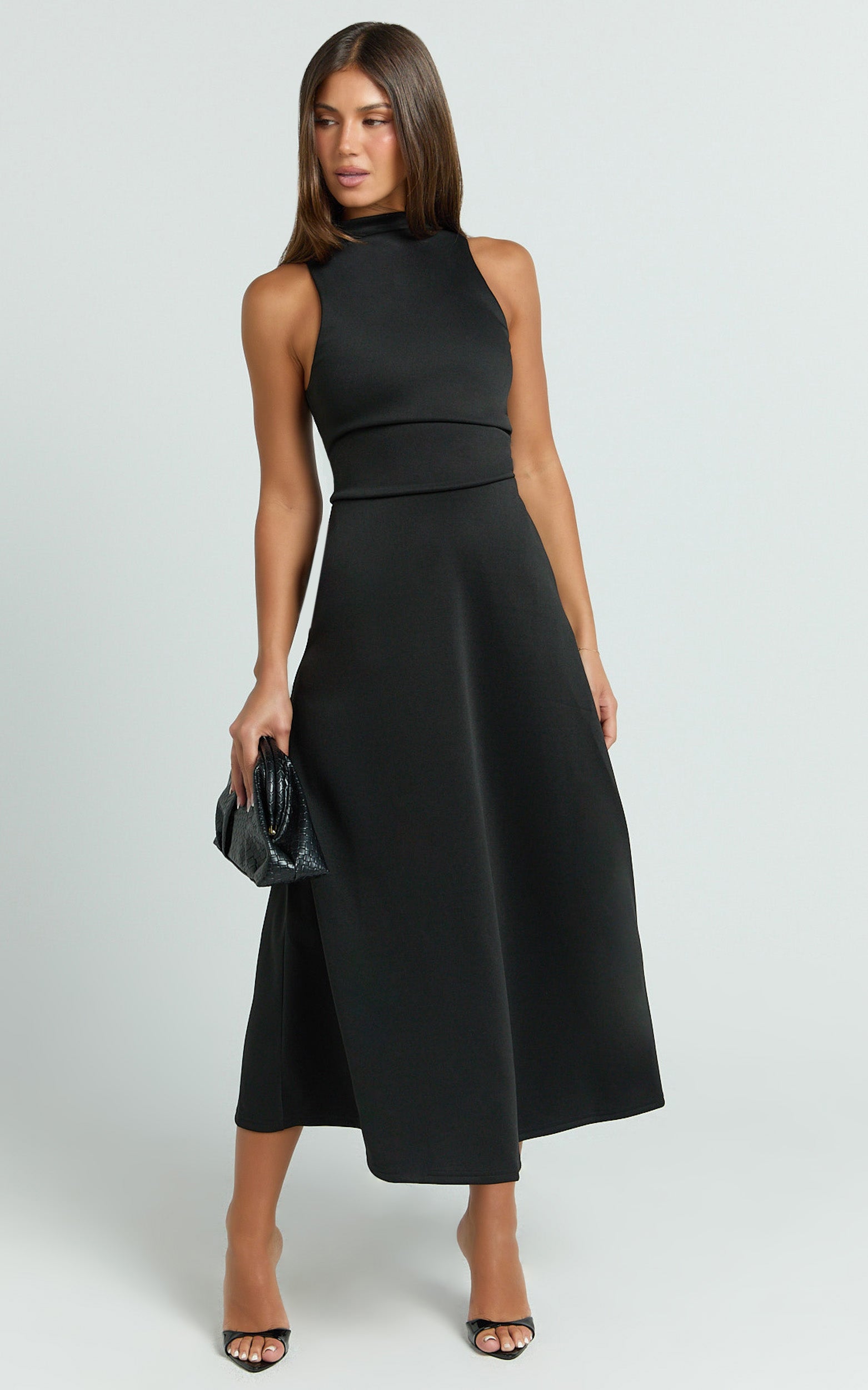 Macy Midi Dress - High Neck A Line Dress in Black - View 5