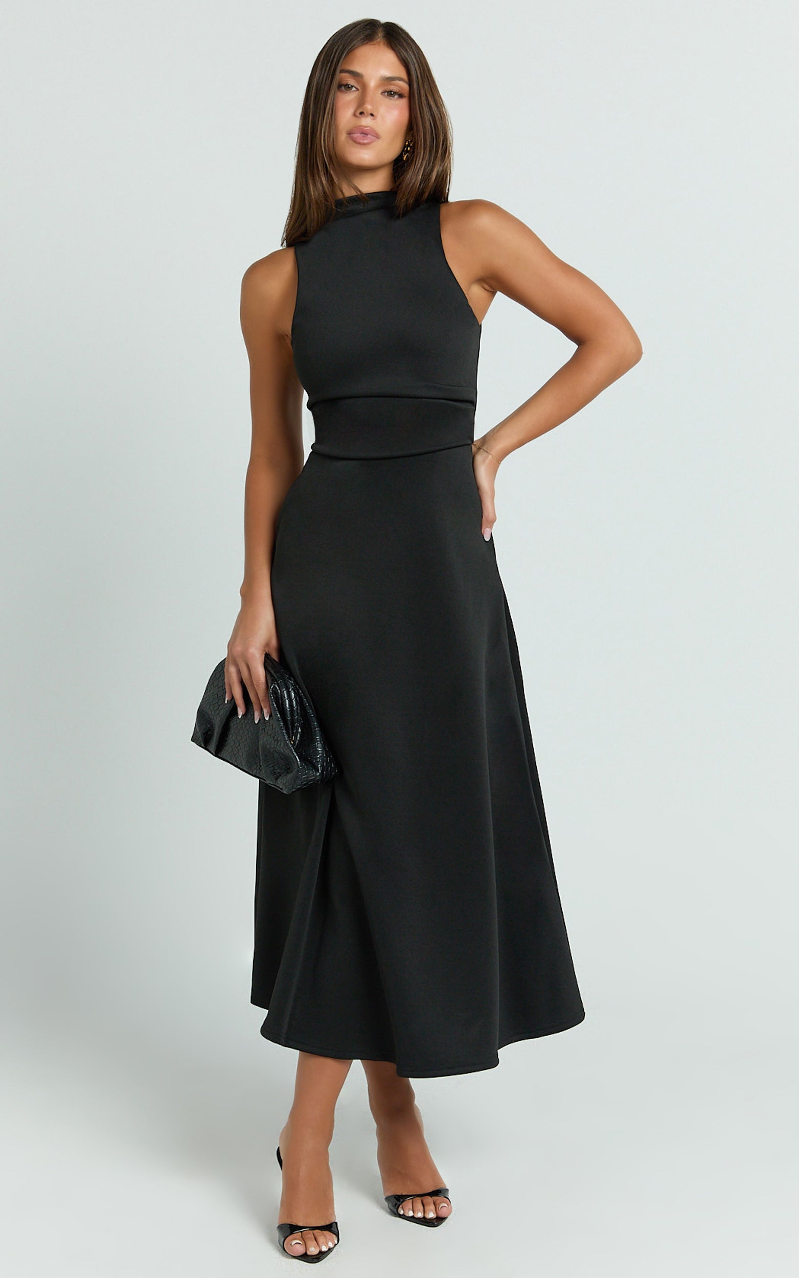 Macy Midi Dress - High Neck A Line Dress in Black - View 1