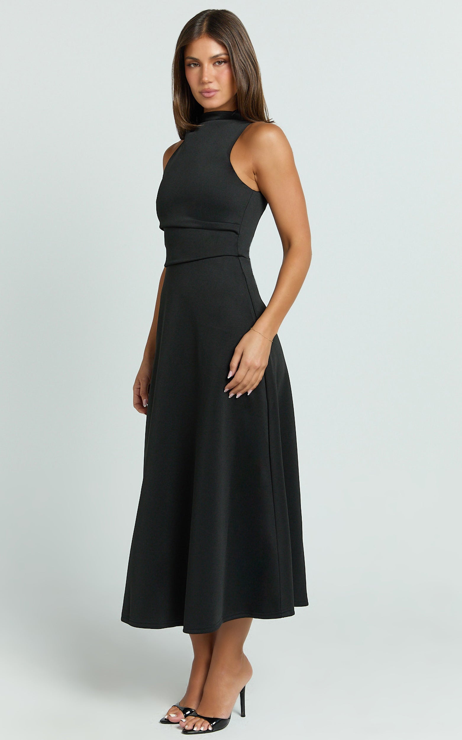 Macy Midi Dress - High Neck A Line Dress in Black - View 8