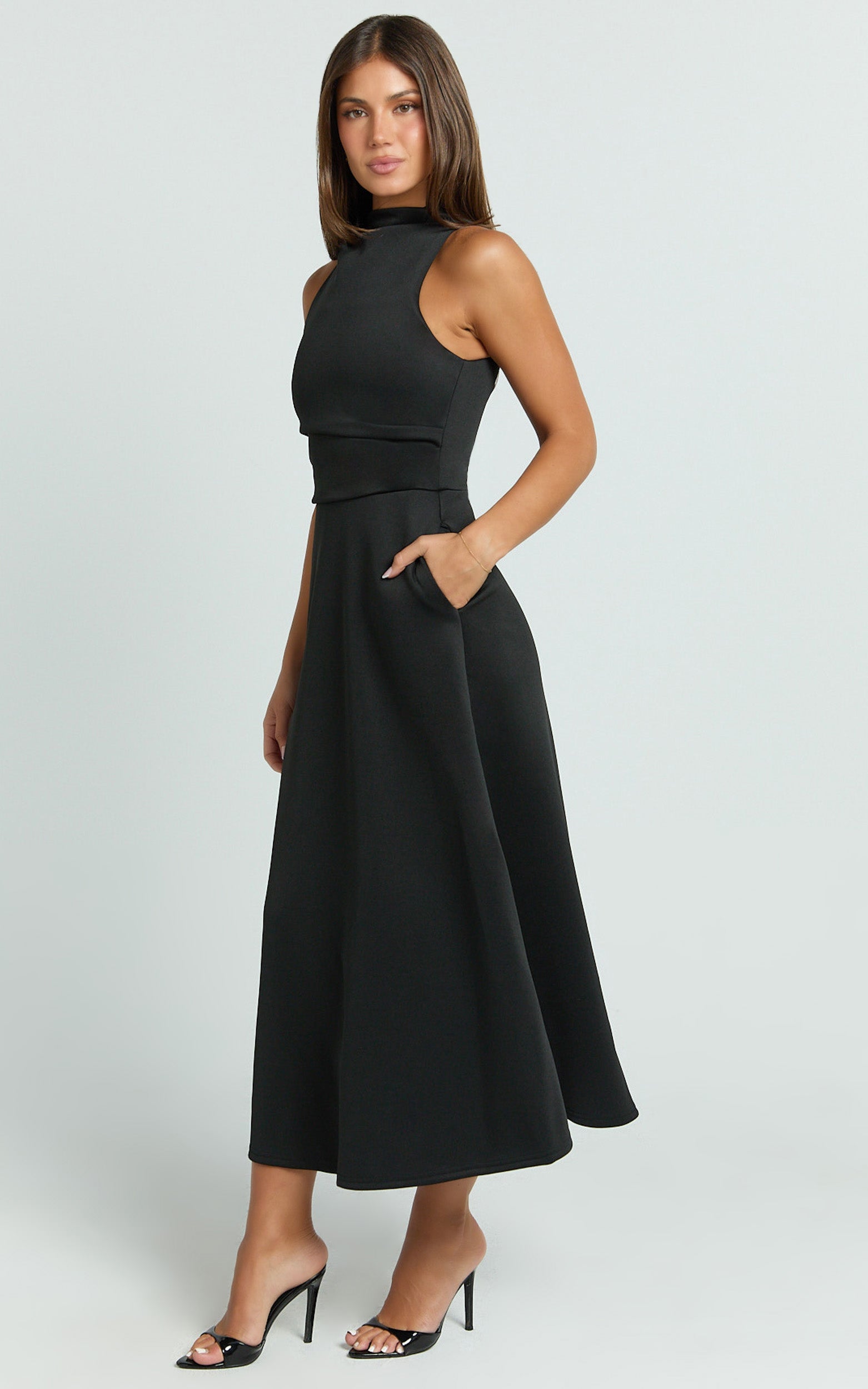 Macy Midi Dress - High Neck A Line Dress in Black - View 3