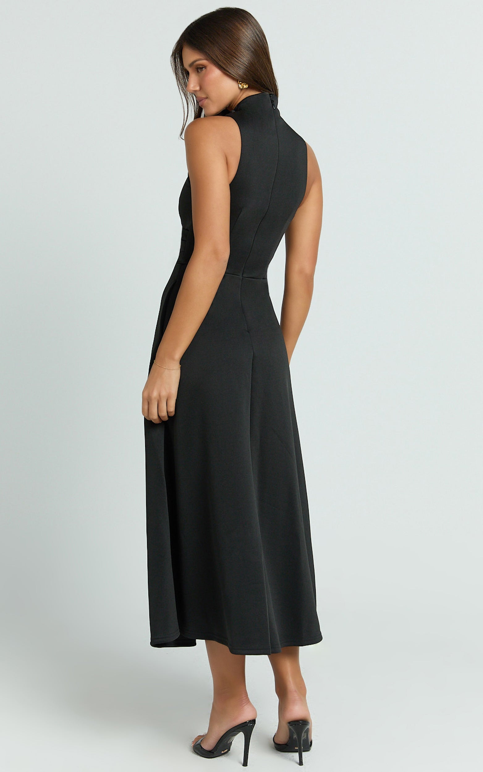 Macy Midi Dress - High Neck A Line Dress in Black - View 9