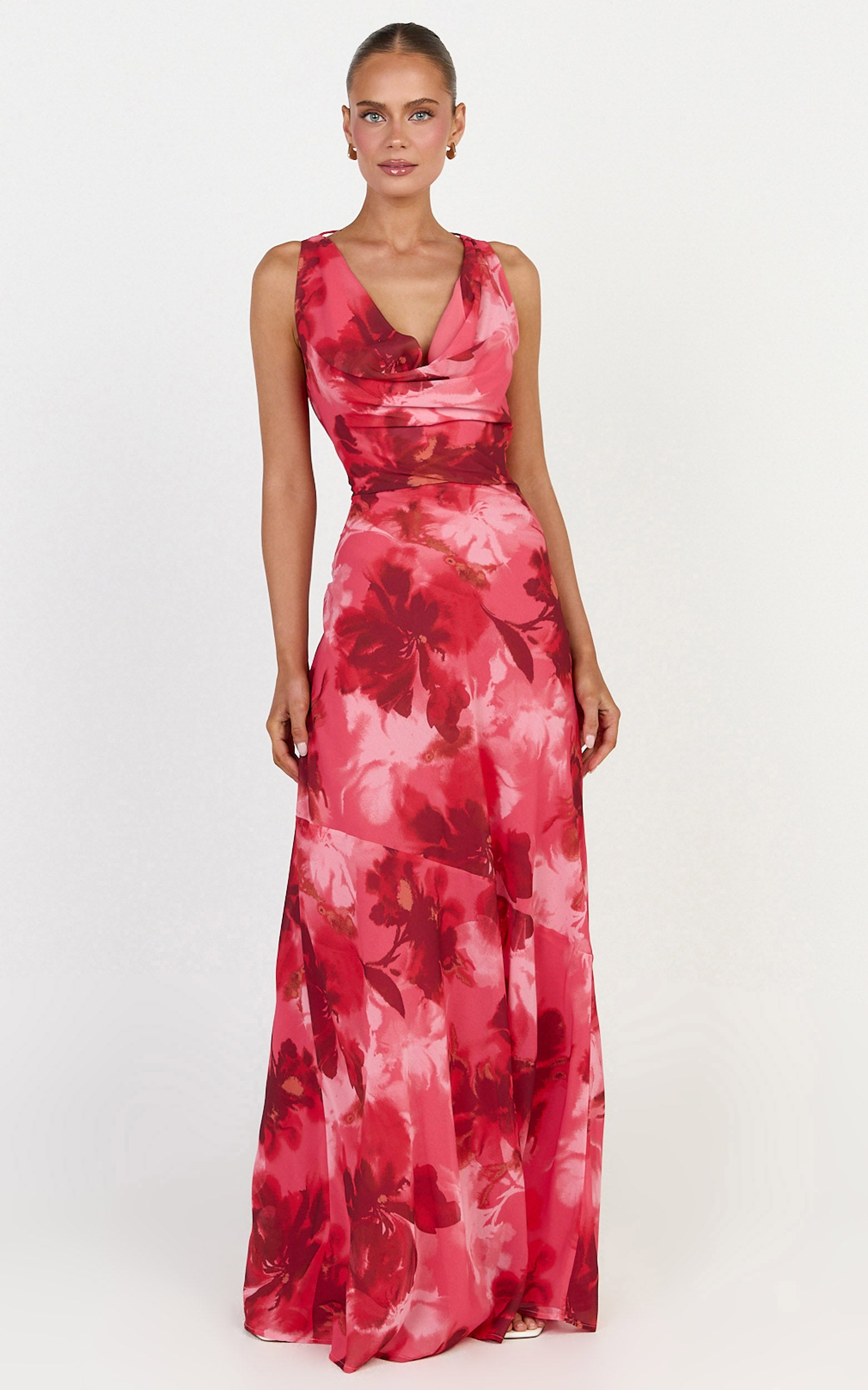 Maila Maxi Dress - Draped Cowl Neckline Dress in Maila Red Floral Print - View 3