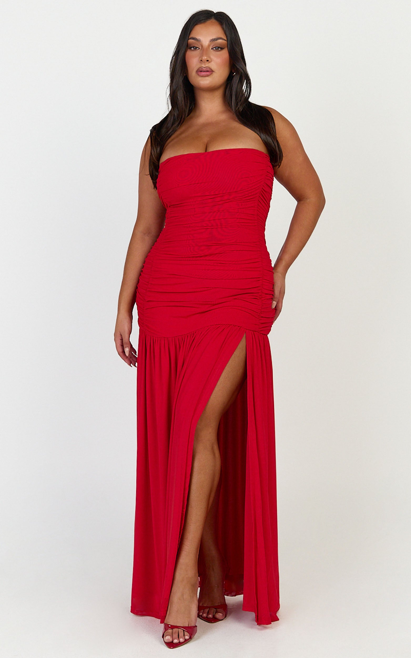 Marguerite Maxi Dress - Strapless Ruched Mesh High Leg Split Dress in Red - View 2