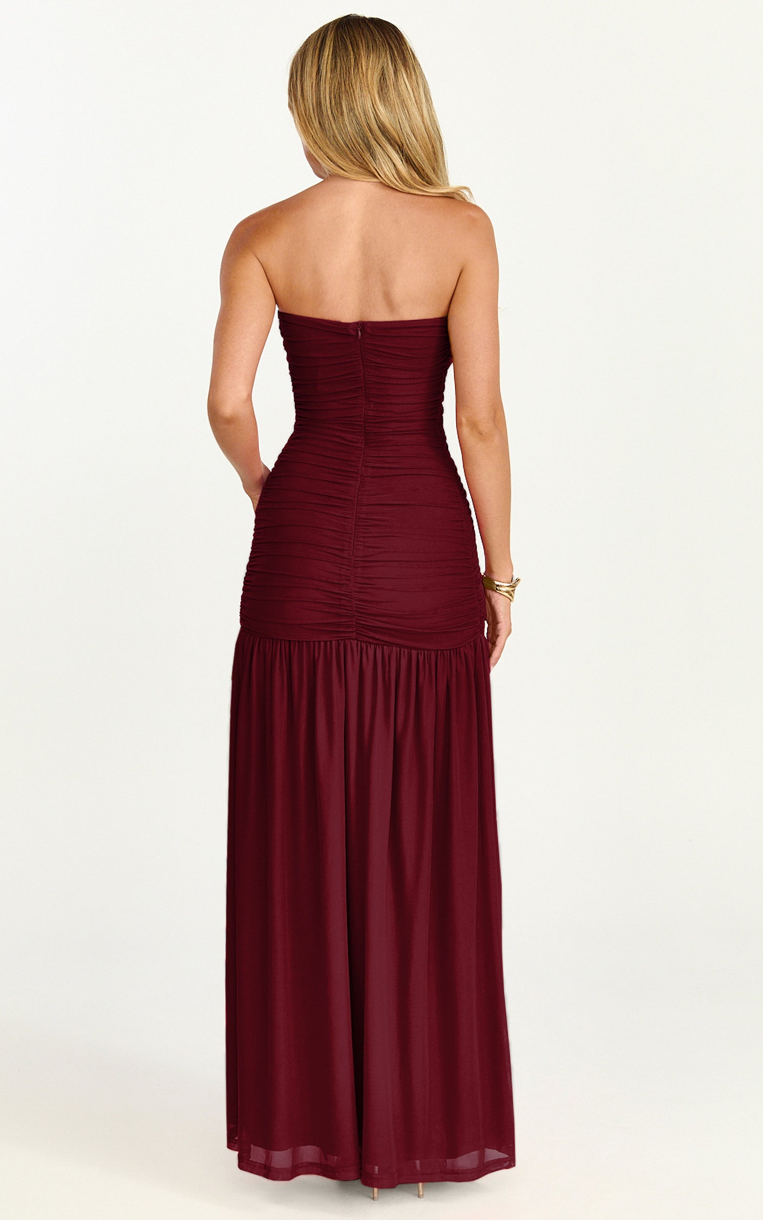 Marguerite Maxi Dress - Strapless Ruched Mesh High Leg Split Dress in Wine - View 7