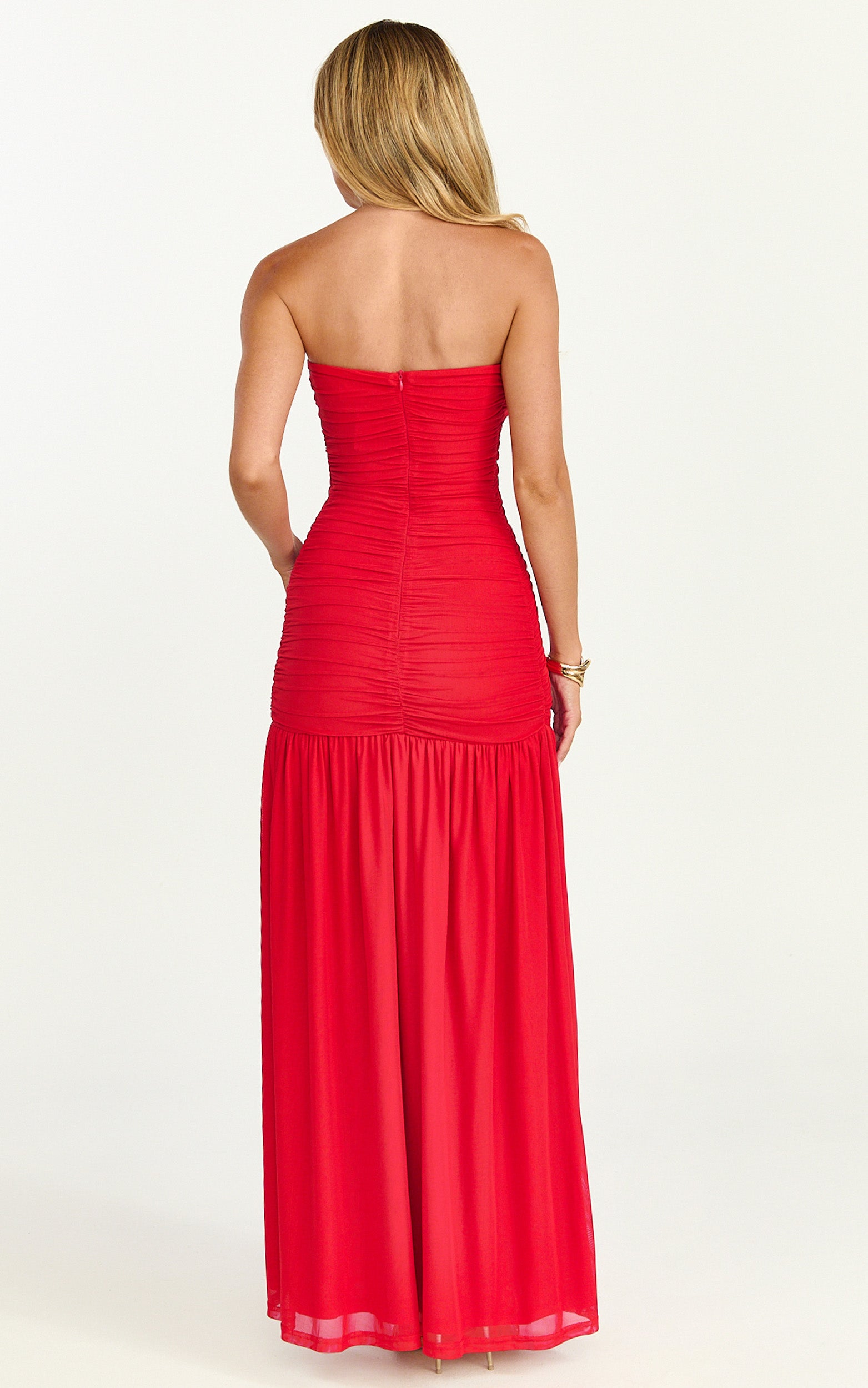 Marguerite Maxi Dress - Strapless Ruched Mesh High Leg Split Dress in Red - View 7