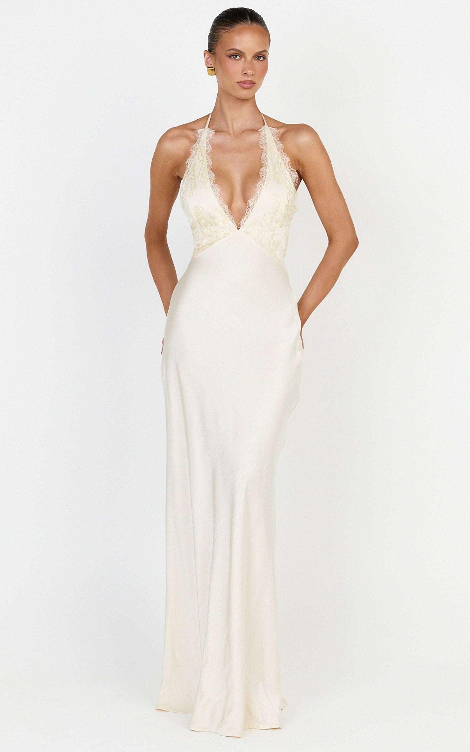 Marielle Maxi Dress - Lace Bust Halter Dress in Cream - View 2