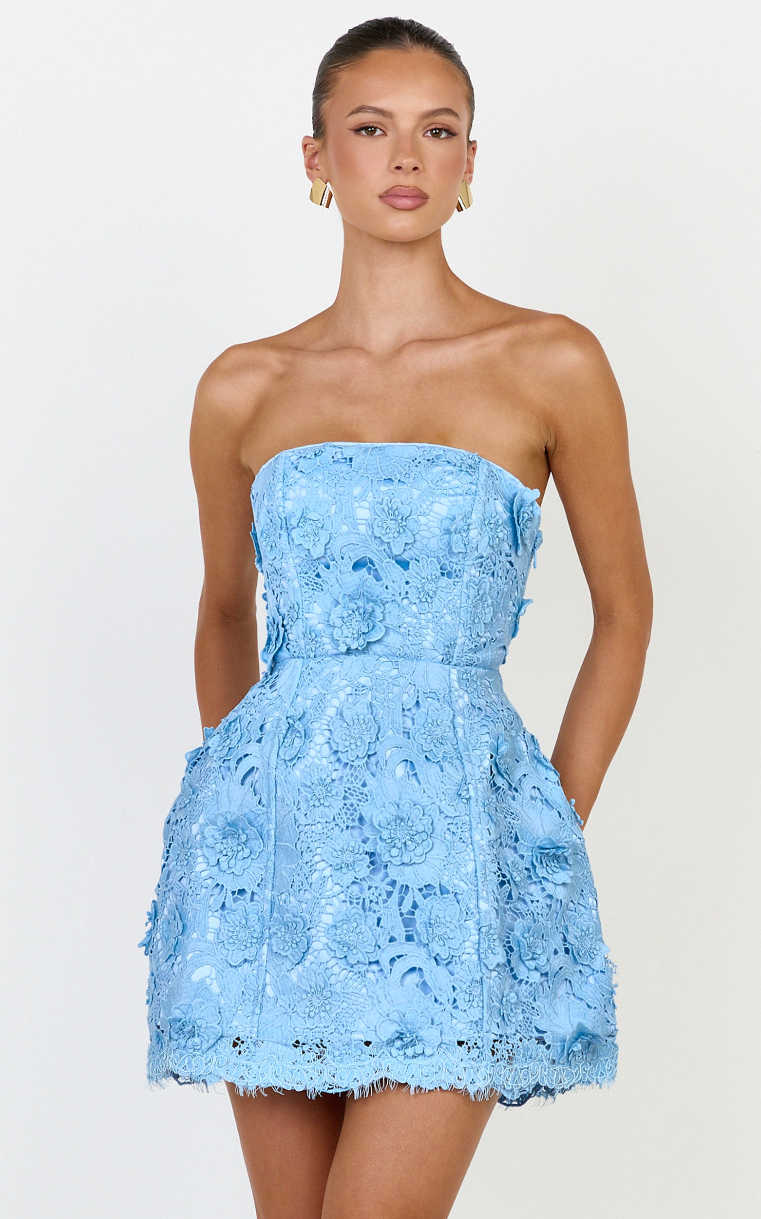 Maristella Mini Dress - Strapless Lace Up Back A Line Dress in Blue - View 1